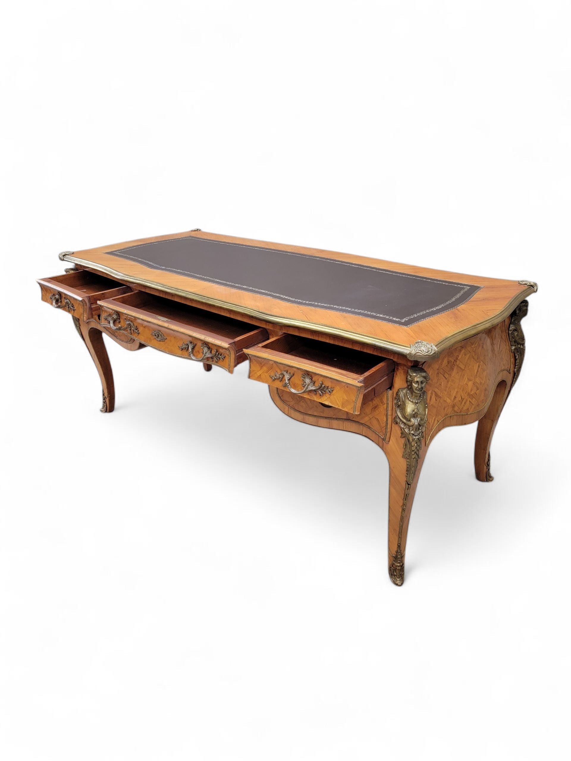 Antique French Satinwood Parquetry Louis XVI Writing Desk, Tooled Leather Top & Ormolu