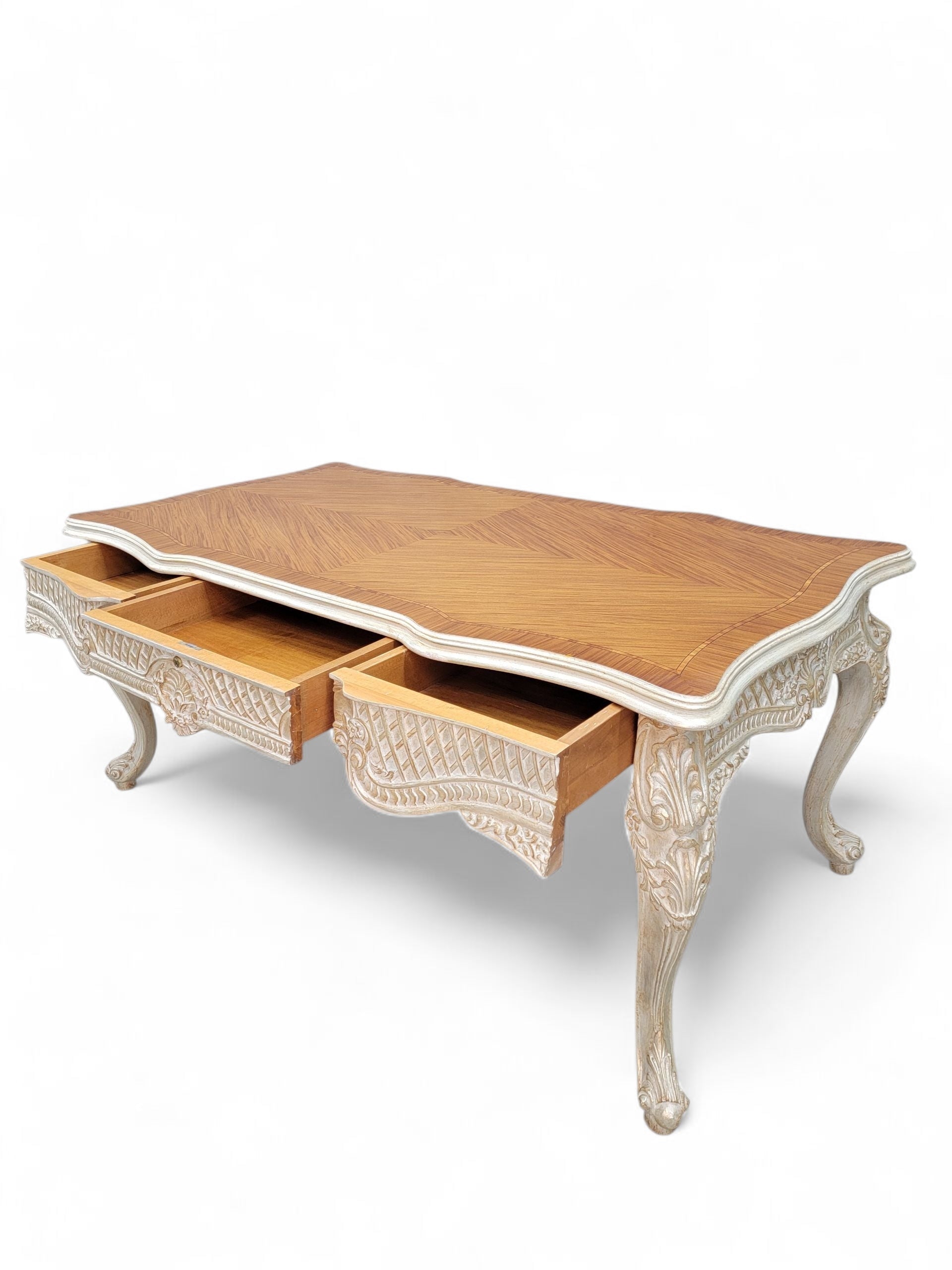 Vintage French Provincial Style Carved Antique White Writing Desk