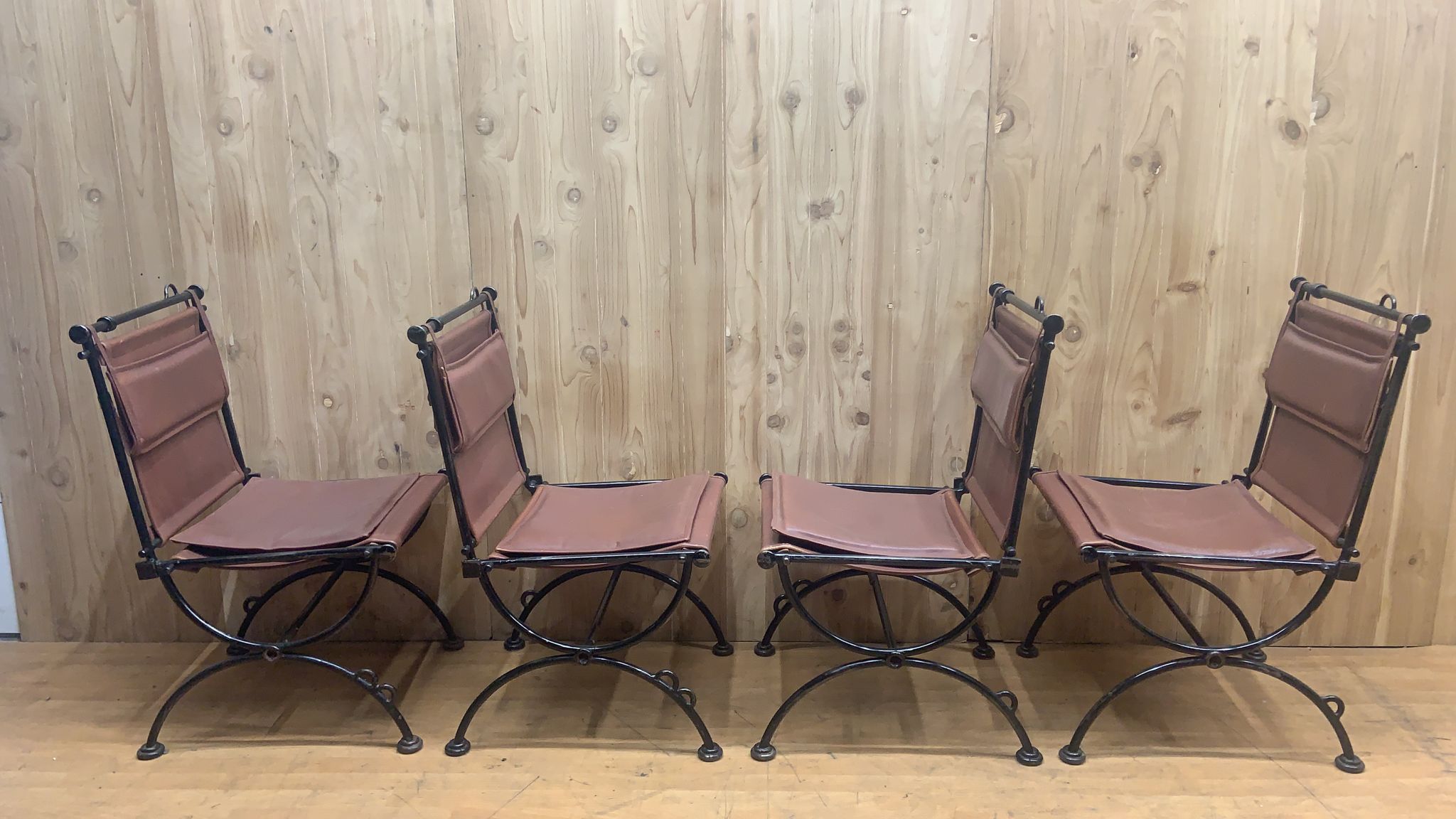 Vintage Brutalist Leather and Wrought Iron Sculpted Sling Dining Chairs by Ilana Goor - Set of 6