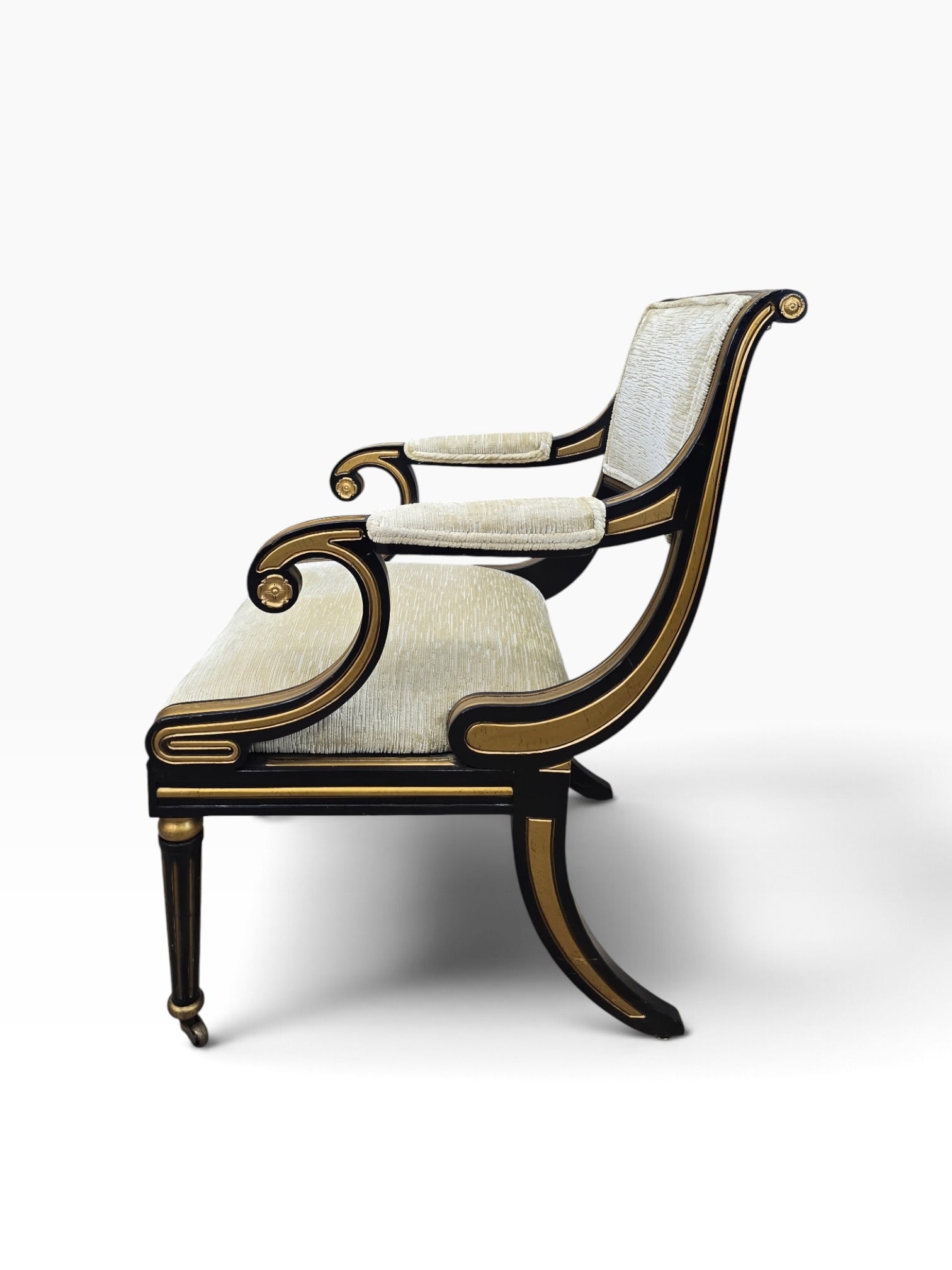 Regency Style Ebonized Armchairs by Baker Newly Reupholstered in a Gold Chenille Fabric - Pair
