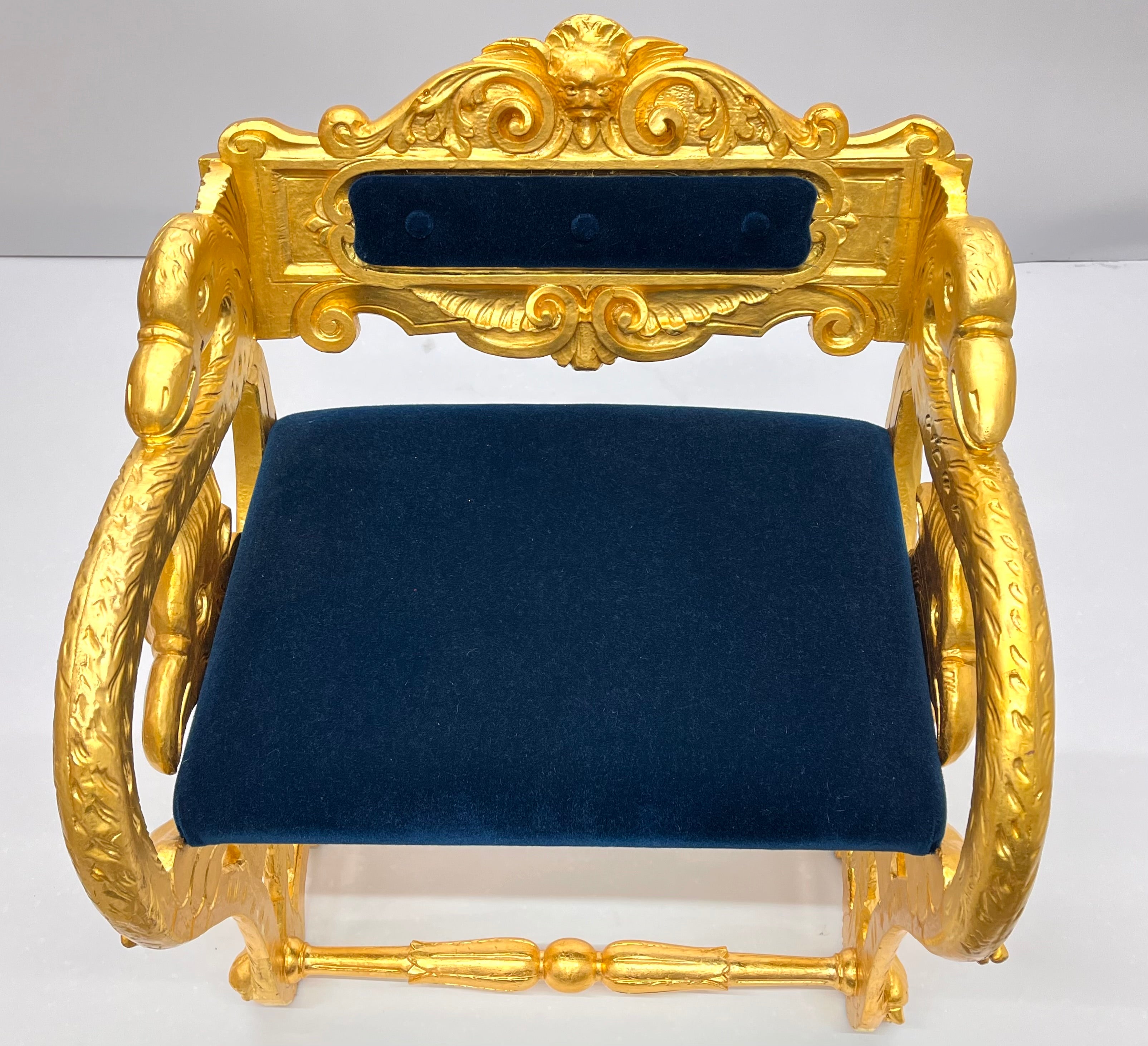 Antique Federal Style Carved Gold Gilt Swan and Eagle Carousel Bench Newly Reupholstered in Blue Mohair Seat