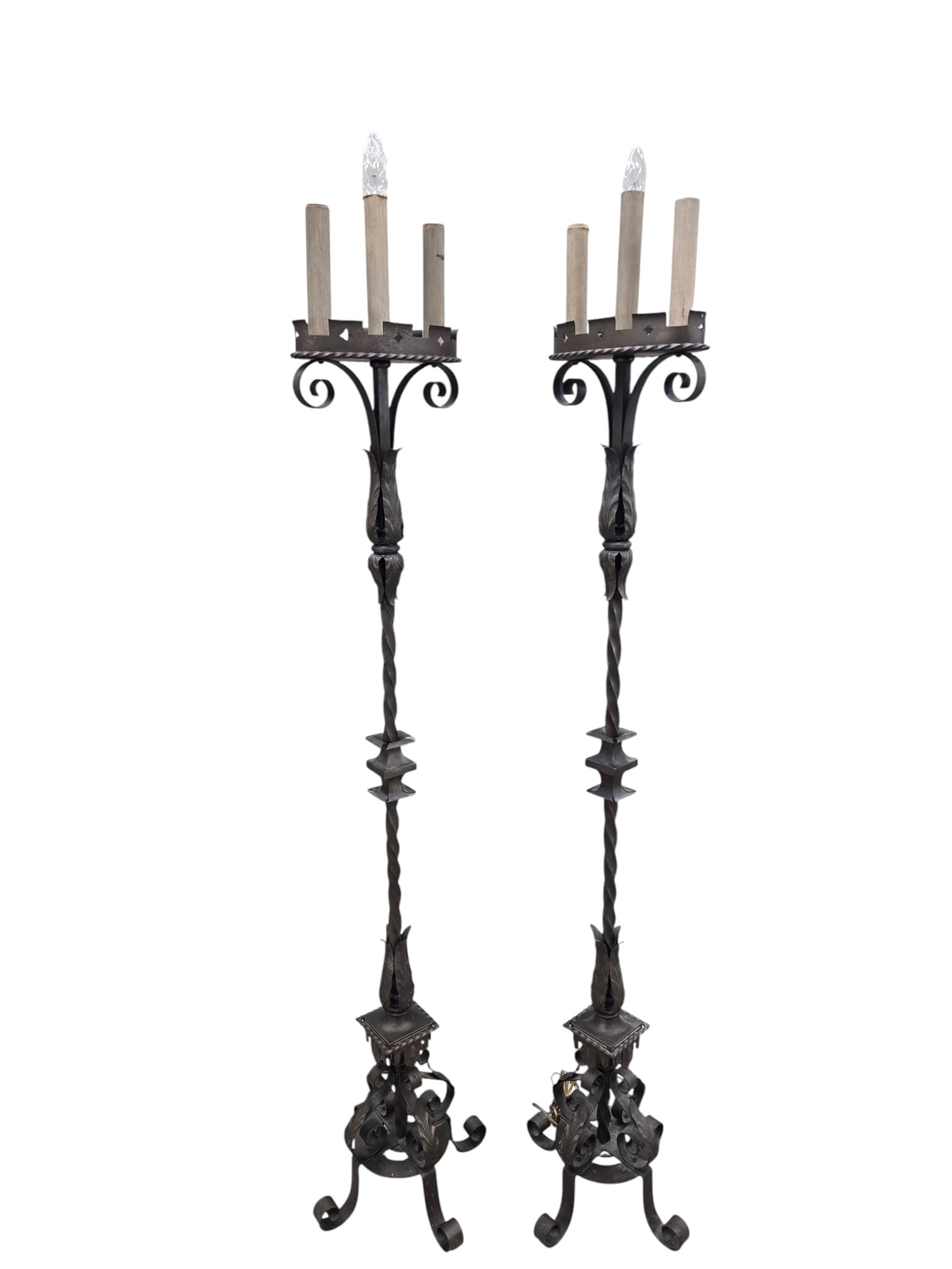 Spanish Gothic Revival Hand-Forged Wrought Iron Three-Light Torchiere Floor Lamps – Pair