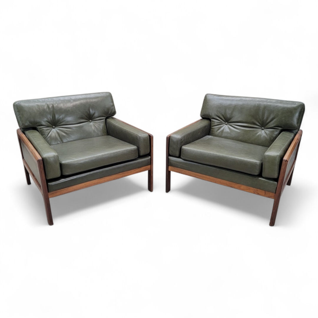 New - Mid Century Danish Modern Vatne Mobler Teak Frame Sofa & Club Chairs Newly Upholstered in Italian Hunter Green Leather