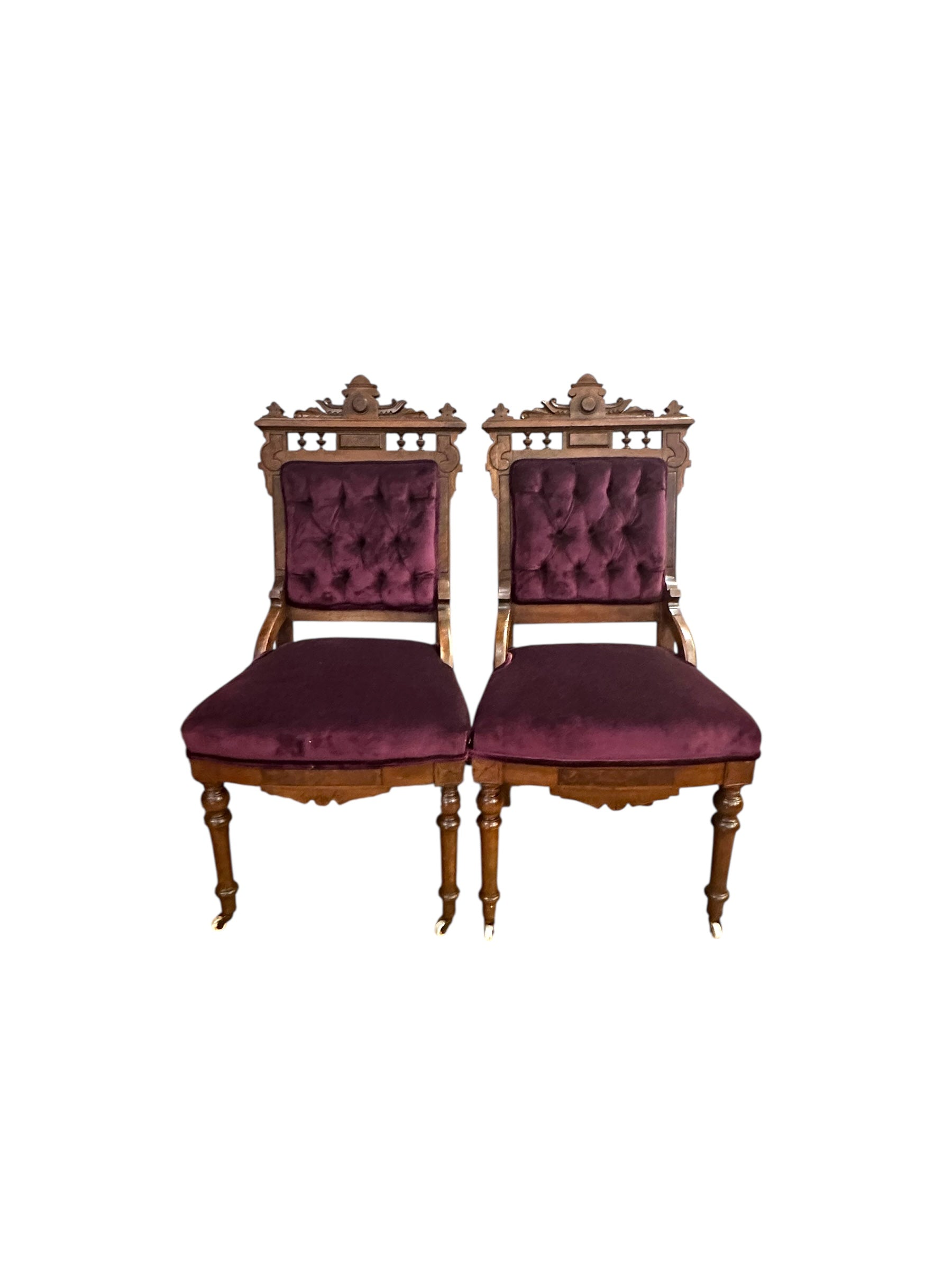 Antique Victorian Eastlake Style 3 Piece Carved Ornate Parlor Set Newly Reupholstered in a Purple Velvet