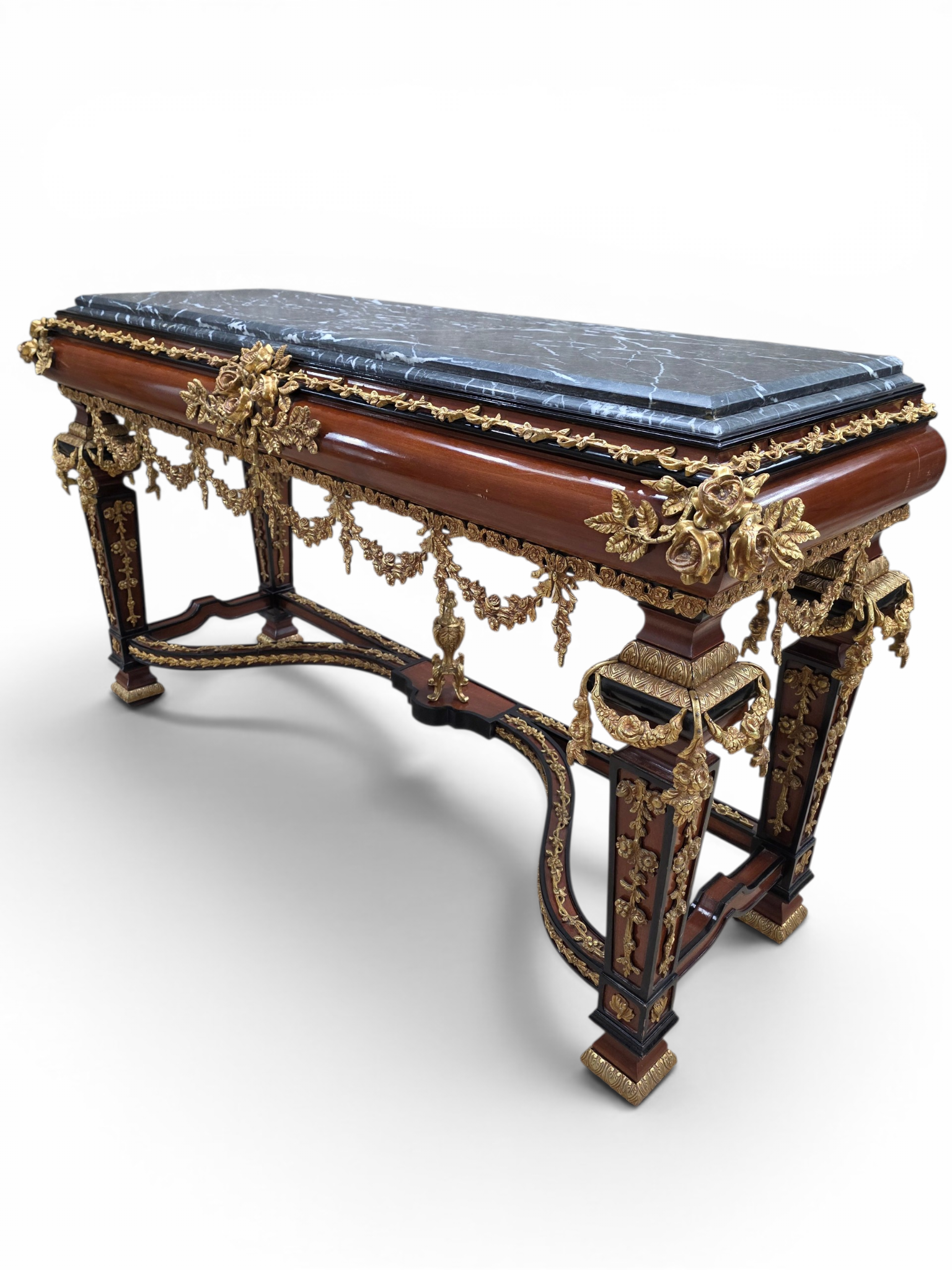 New - Antique French Louis XVI Napoleon III Style Mahogany, Gilt Bronze & Black Marble Console Table with Matching Mirror