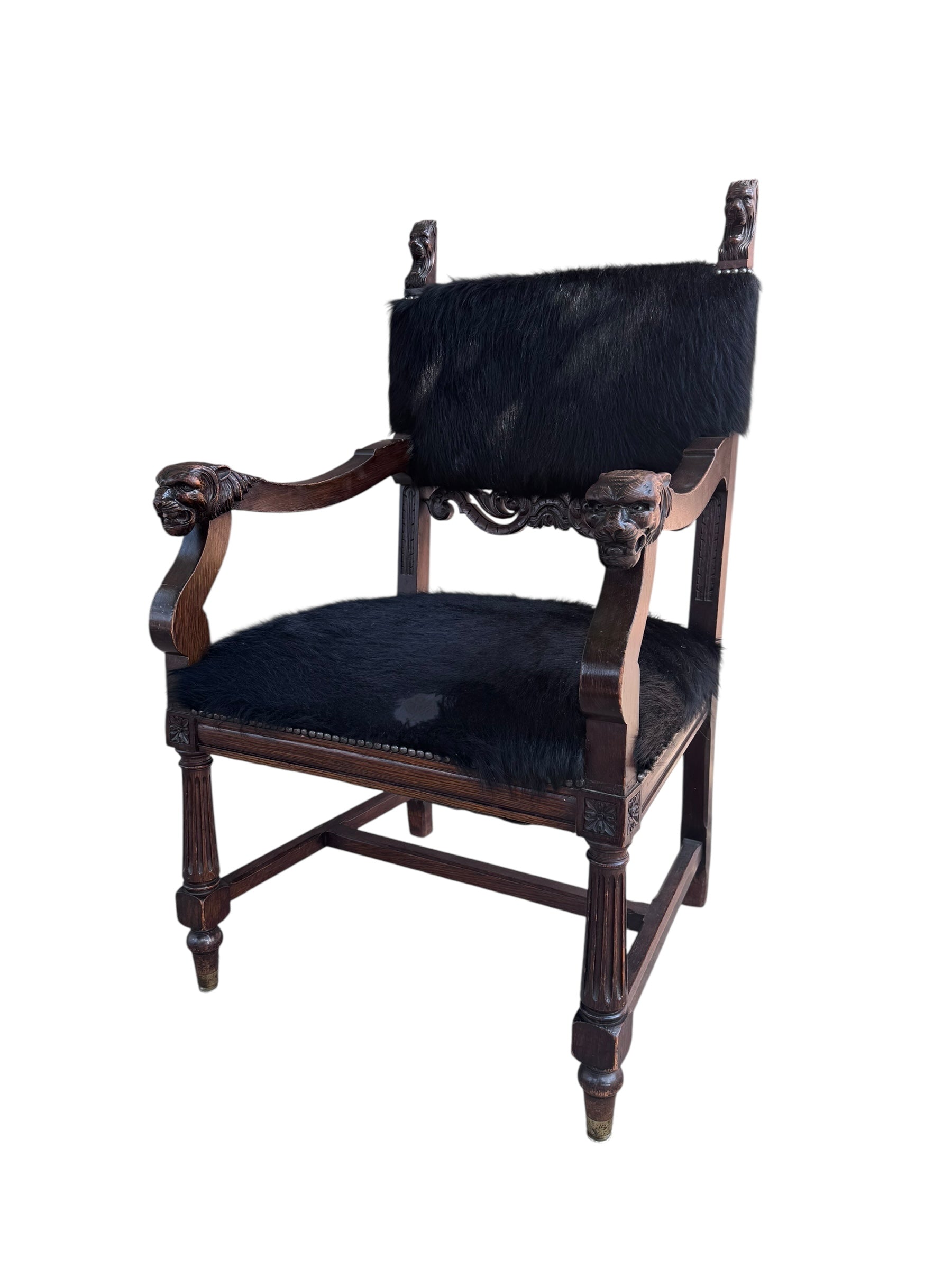 Antique French Carved Hall Chair With Lion Head Arms