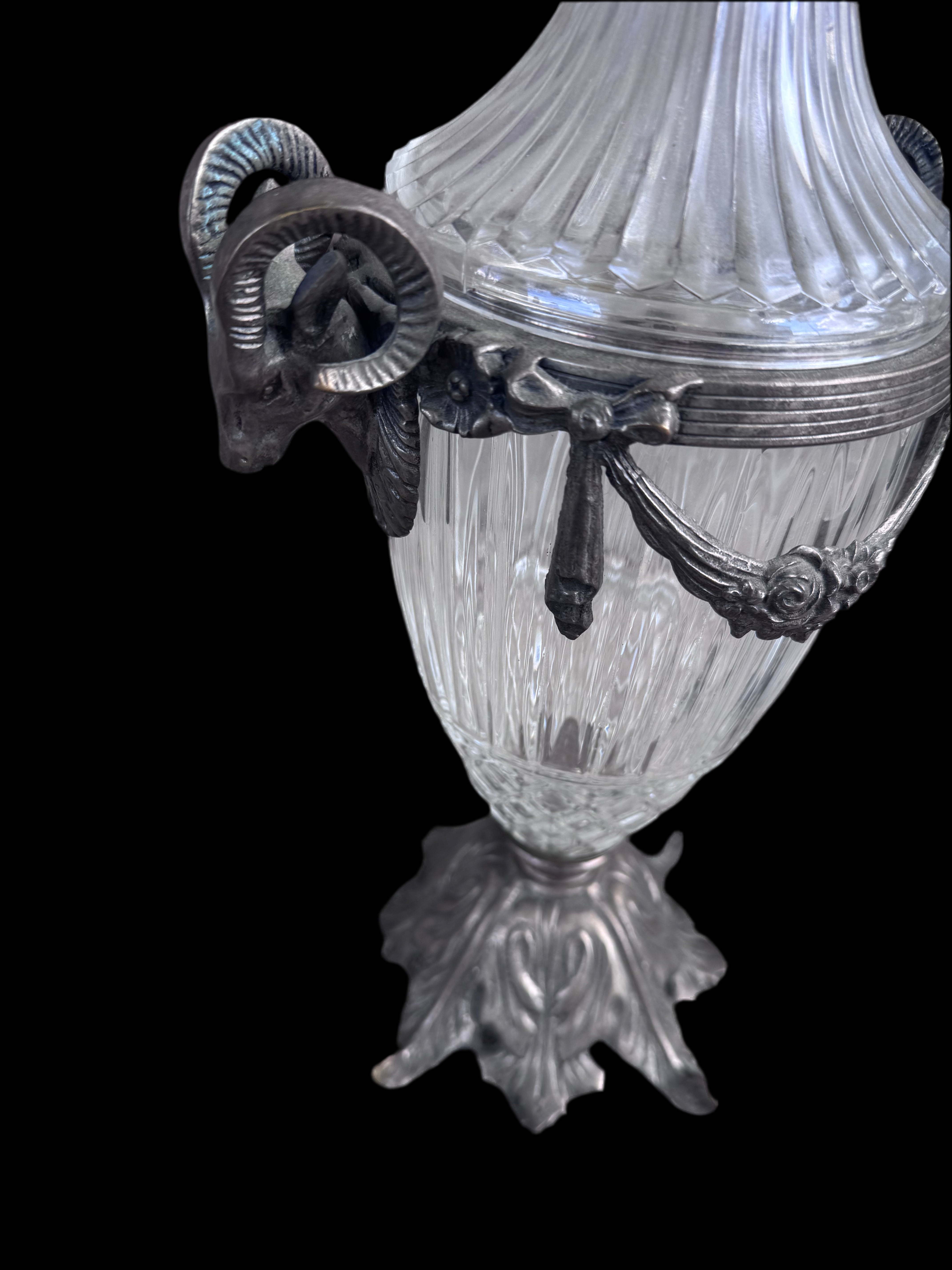 Antique French Crystal and Bronze Cassettes Urns with Ram's Head Handles - Pair
