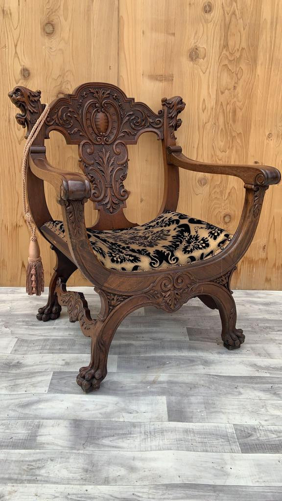 Antique Victorian Carved Ornate Savonarola Throne Chair Newly Upholstered