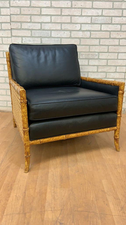 Vintage Interior Crafts Cane, Faux Bamboo and Black Leather Club Lounge Chair