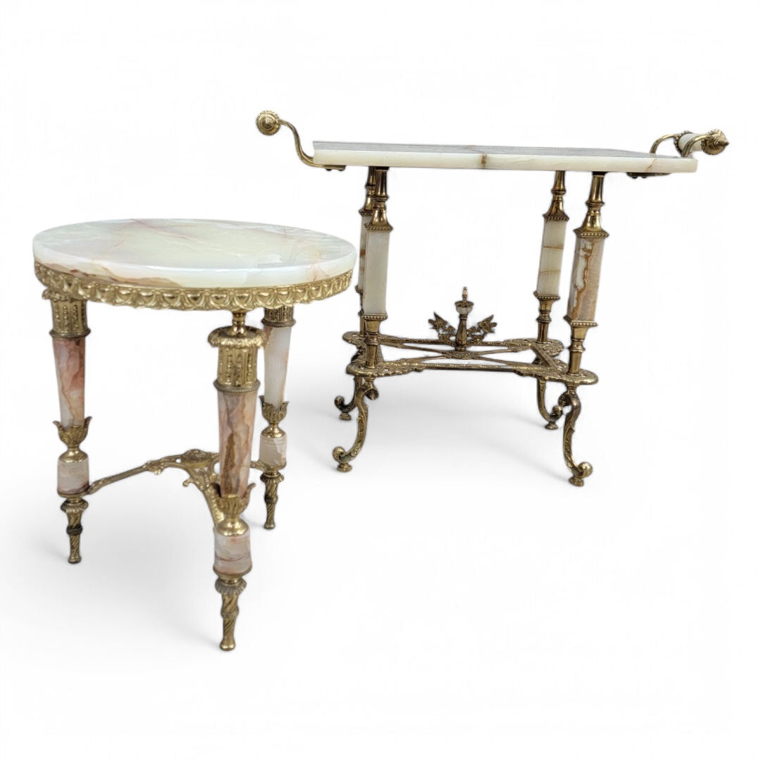 Antique Oscar Bach Ornate Bronze and Onyx Table Set - Set of 2