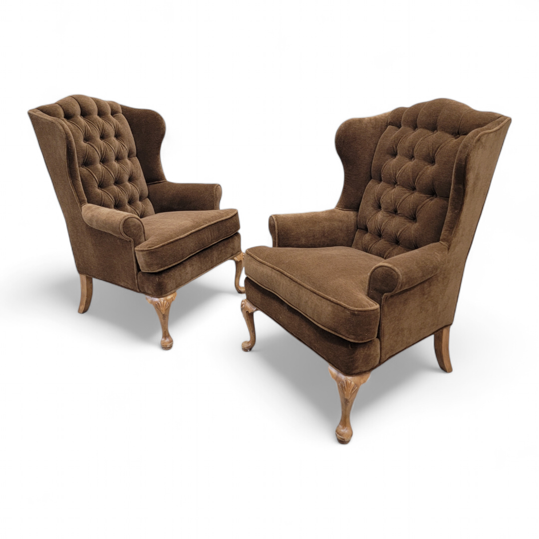 Vintage Henredon Wingback Tufted Back Lounge Chairs Newly Reupholstered in Dark Camel Alpaca Mohair - Pair