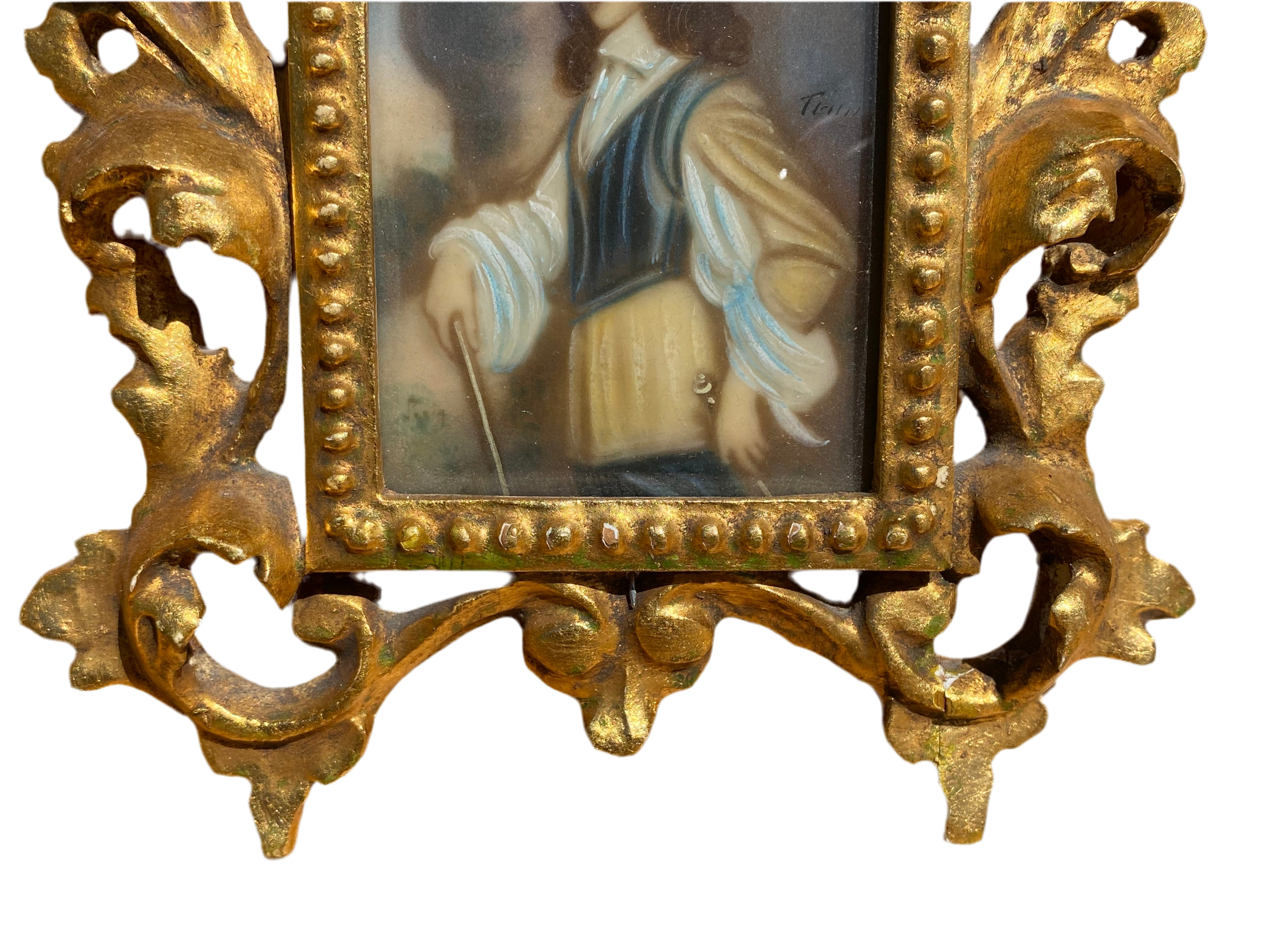 Antique Victorian Portrait on Hand-Painted Porcelain Plaque in a Carved Gilt Wood Frame - Set of 2