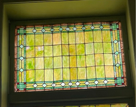 Antique Tiffany Style Salvaged Green Upper Transom Stained Glass Windows - Pair