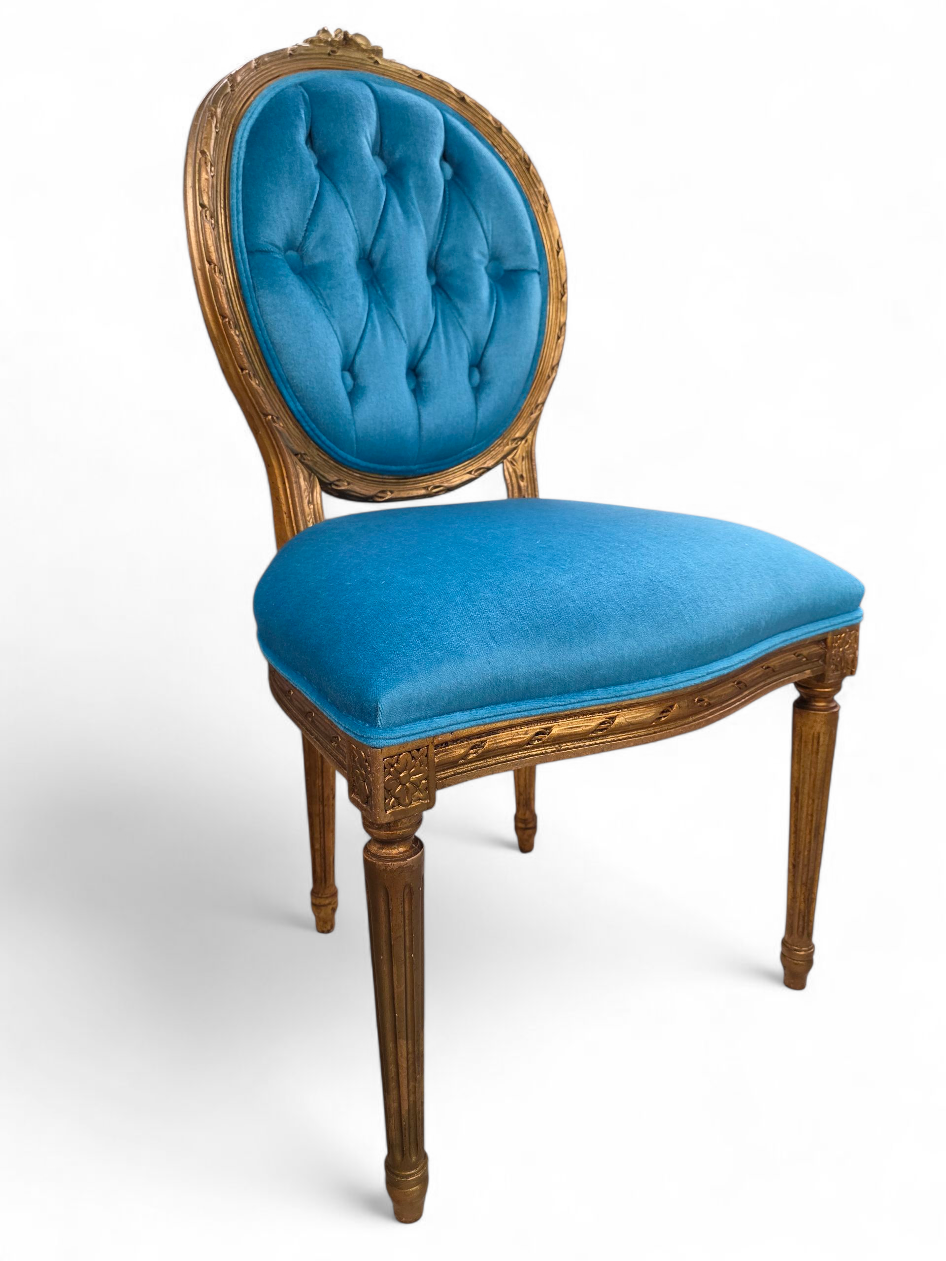 Antique French Louis XVI Style Carved & Gilded Tufted Medallion Back Dining Chairs Newly Reupholstered in a Italian Royal-Teal Mohair - Set of 4&nbsp;