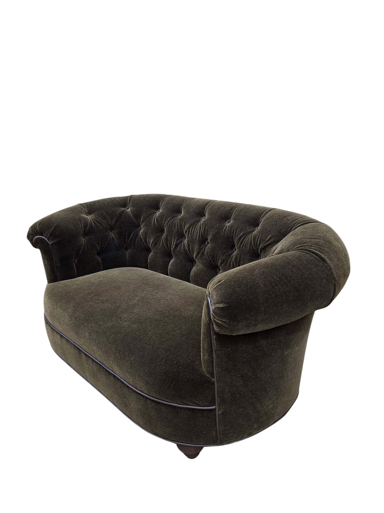 NEW - Hollywood Regency Tufted Barrel Back Loveseats Newly Reupholstered in Dark Chocolate Mohair – Pair