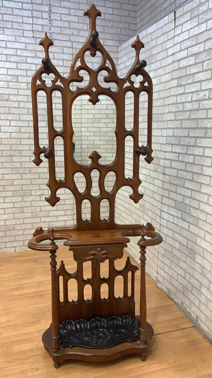 Antique Gothic Hand Carved Mahogany Hall Tree Coat Rack and Umbrella Stand