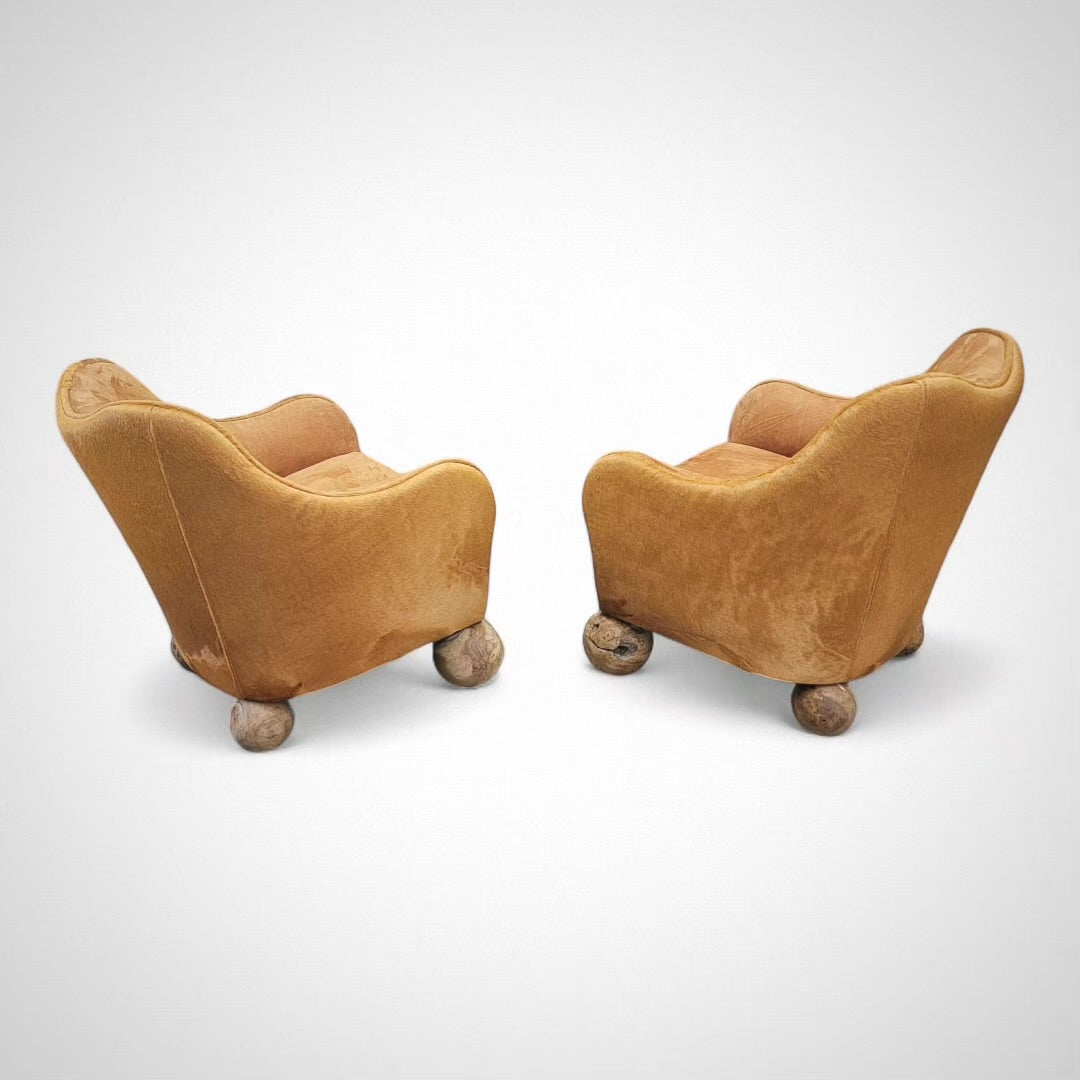 Vintage Rustic Contemporary Sculptural Club Chairs Newly Upholstered in Suede and Cowhide - Pair