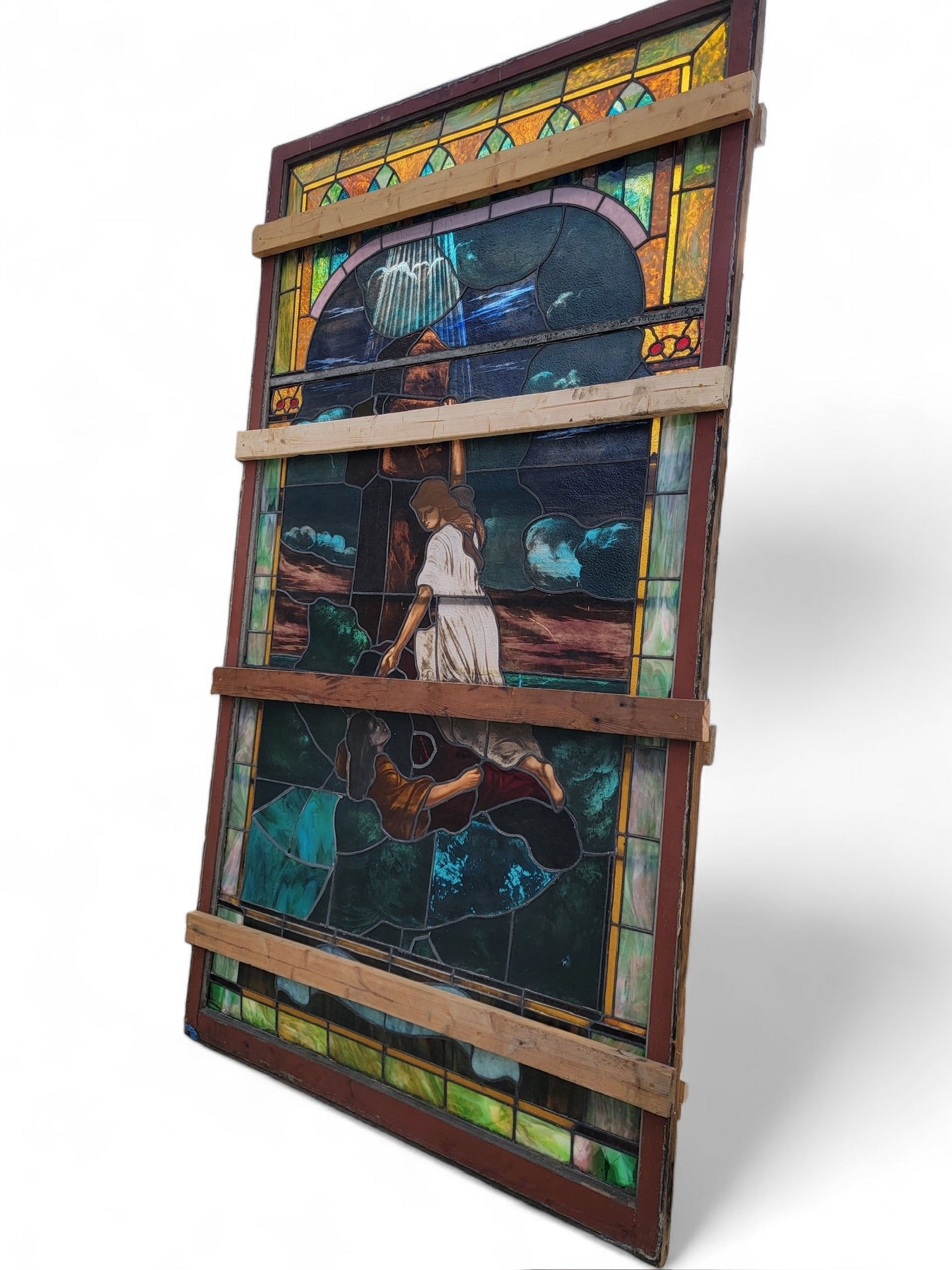 Antique Monumental Tiffany Style Salvaged “Heaven” Stained Glass Window