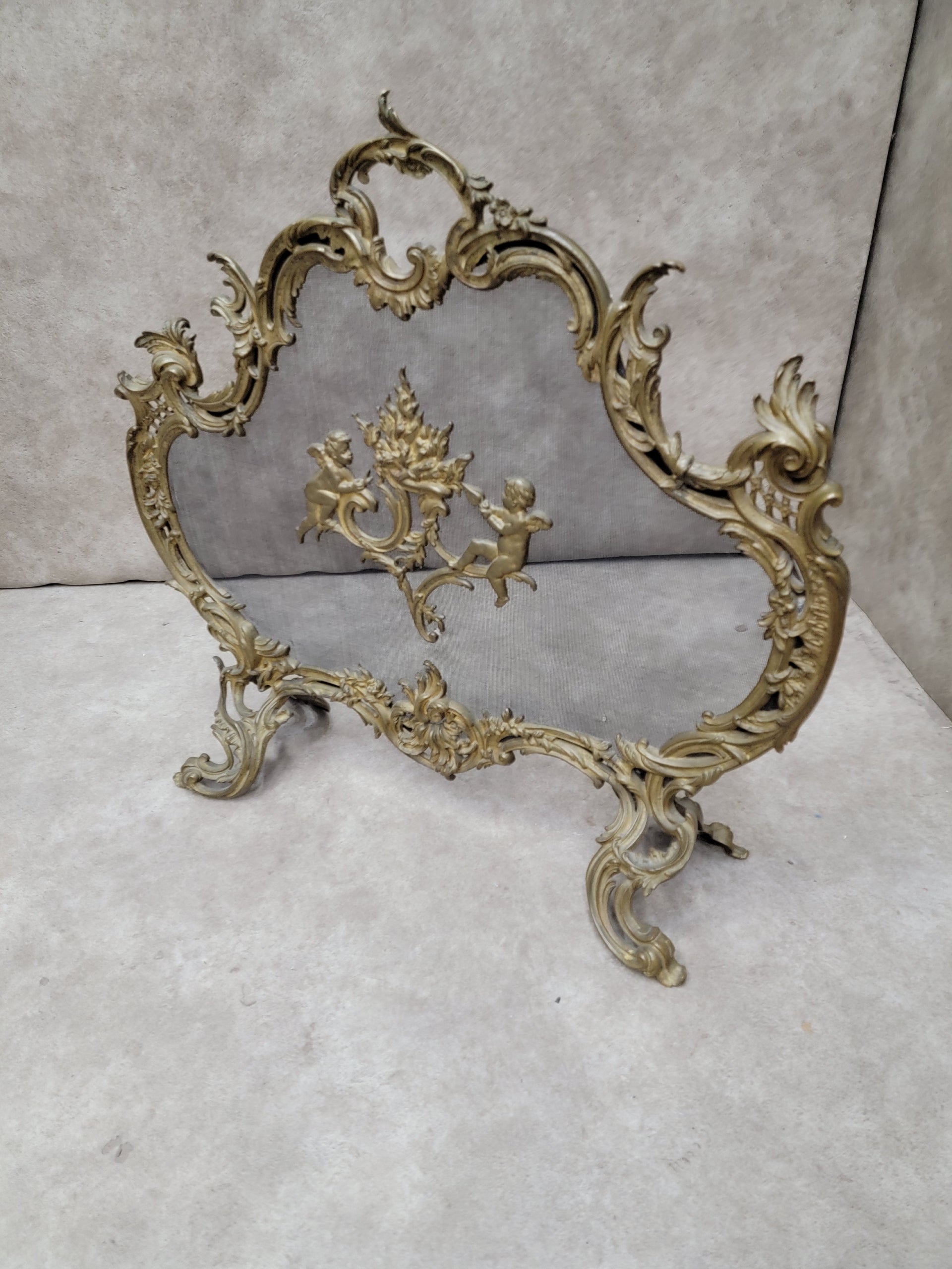 Antique Louis Style French Brass Cherub and Floral Free Standing Fire Screen