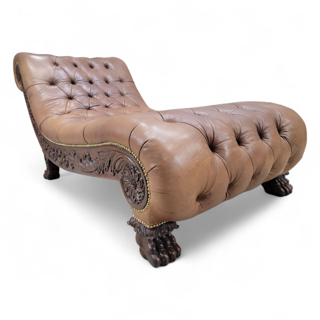 Antique Chesterfield Style Carved Oak Tufted Chaise Lounge
