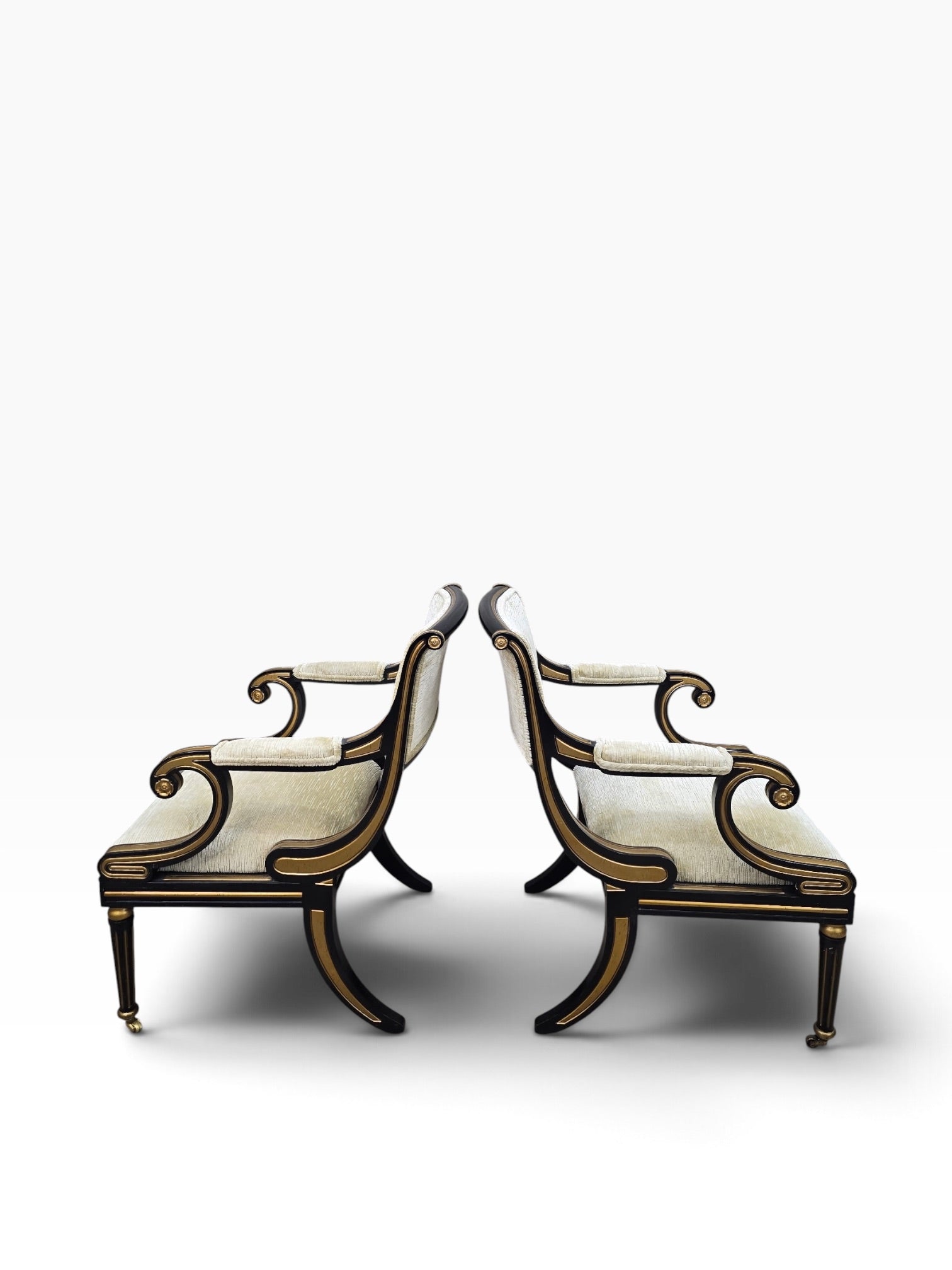 Regency Style Ebonized Armchairs by Baker Newly Reupholstered in a Gold Chenille Fabric - Pair