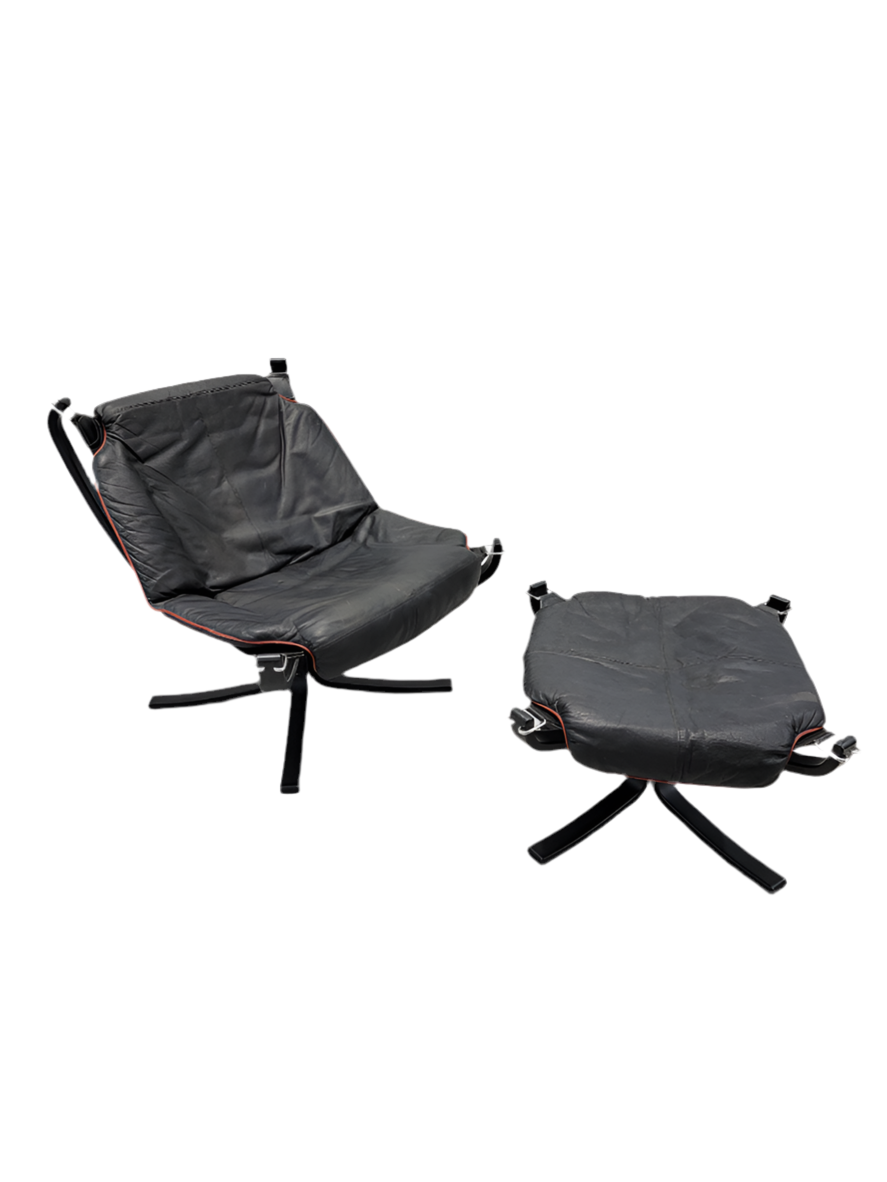Vintage Danish Modern Falcon Leather Lounge Chair & Ottoman by Sigurd Ressell