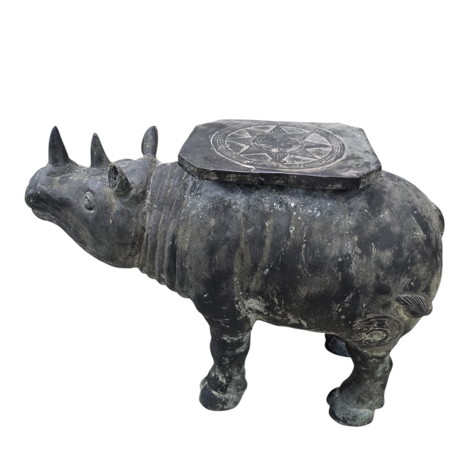 Antique Balinese Hammered Bronze Rhino Plant Stands / Cocktail Tables – Set of 2
