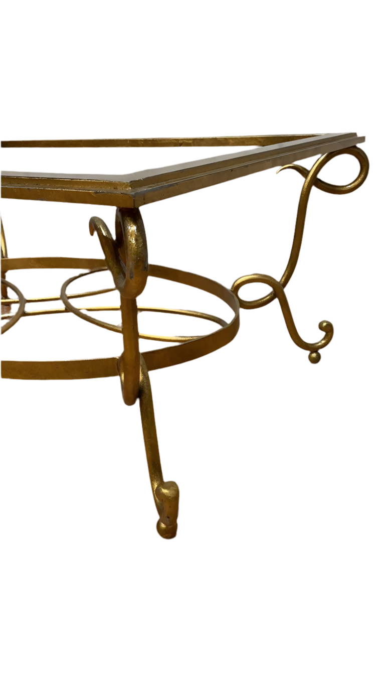 Art Deco Rene Drouet Style Gilt Wrought Iron Coffee Table with Beveled Glass