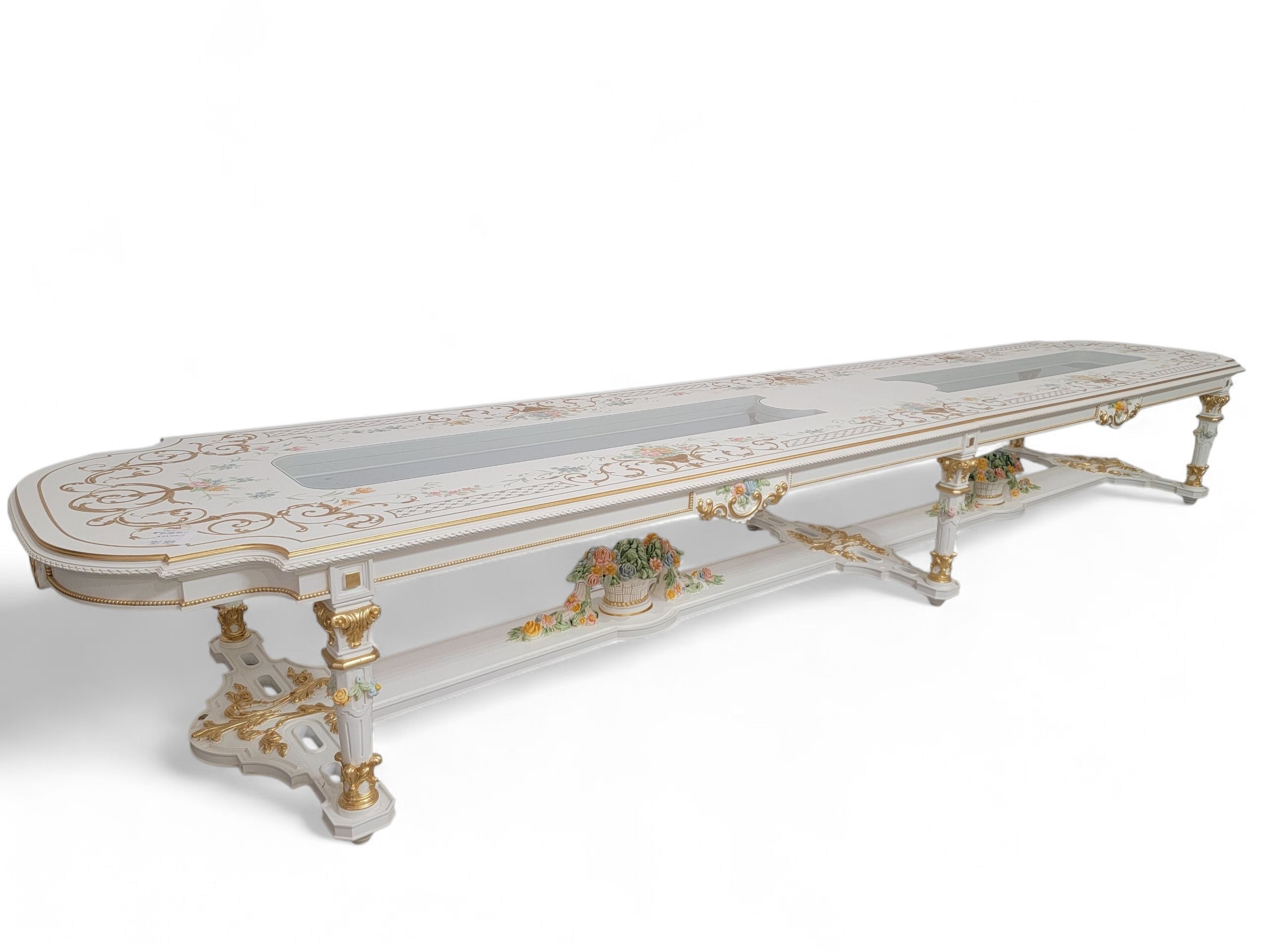 Vintage Monumental 20 Seat Venetian Rococo Gilded Hand Painted Capodimonte Style Dining Set