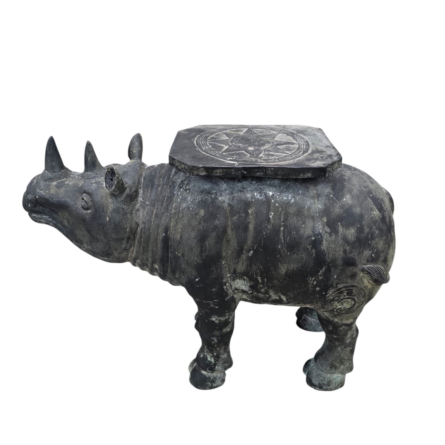 Antique Balinese Hammered Bronze Rhino Plant Stands / Cocktail Tables – Set of 2