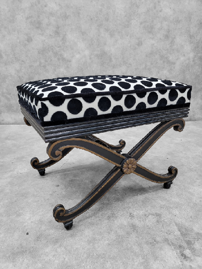 Vintage French Regency Style Ottomans Newly Upholstered in Black & White Velvet Polka Dot Fabric - Pair