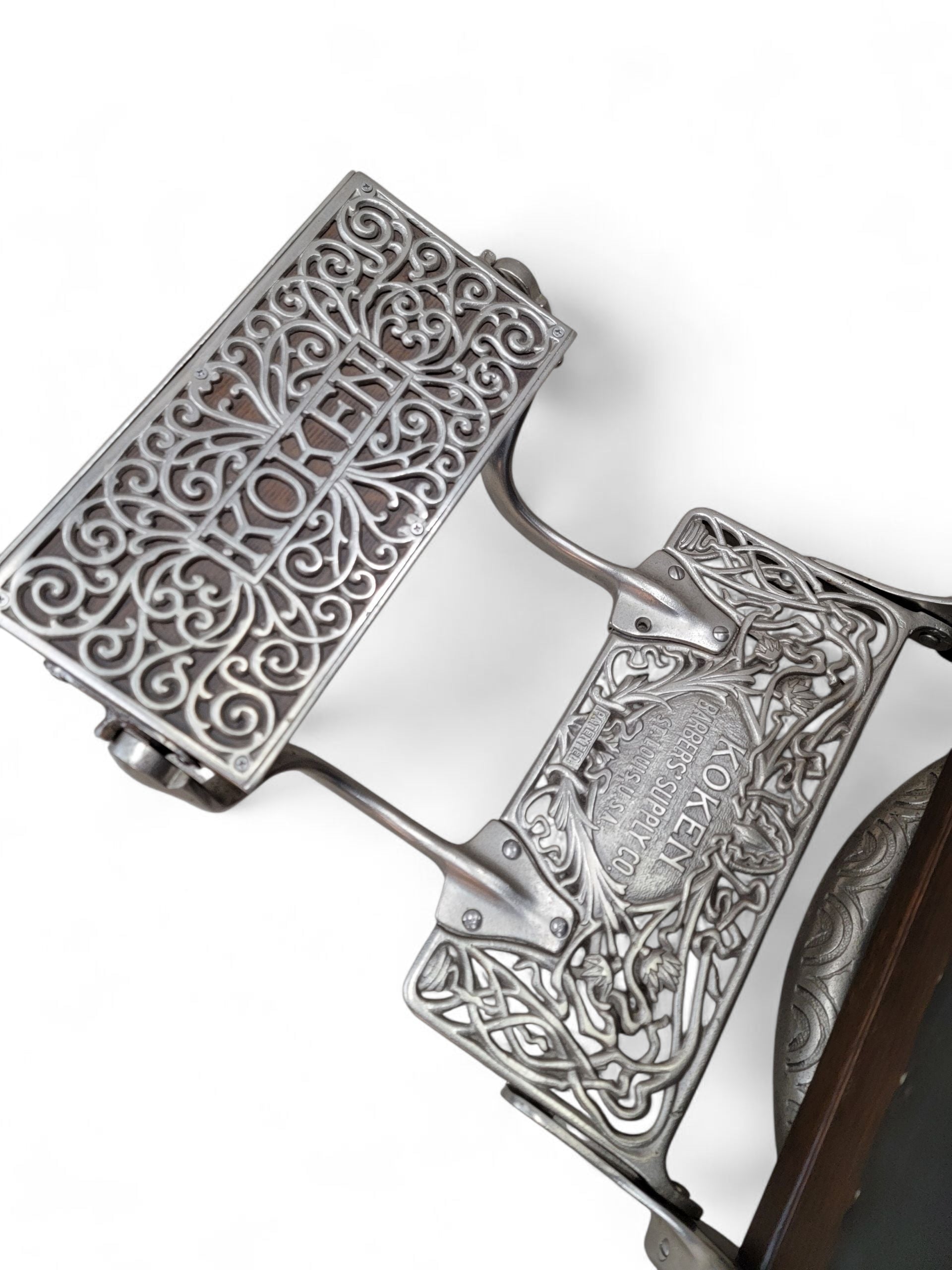 Antique Koken Restored Quartersawn Oak Barber Chairs in Black Leather – Set of 3