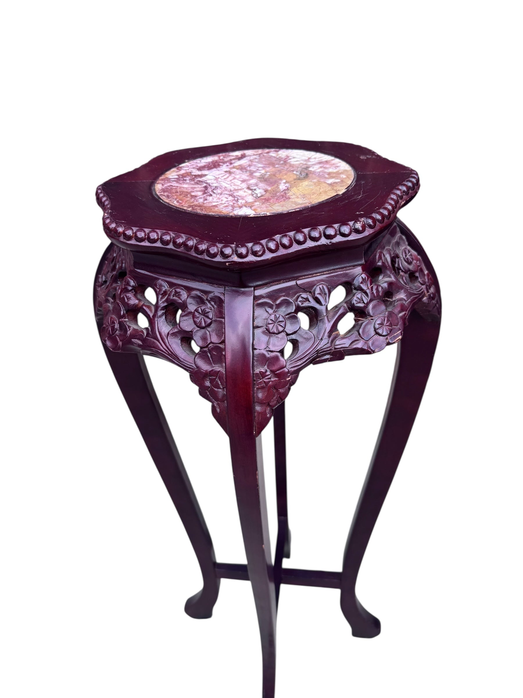 Antique Chinese Carved Marble Top Rosewood Pedestal Stand Table