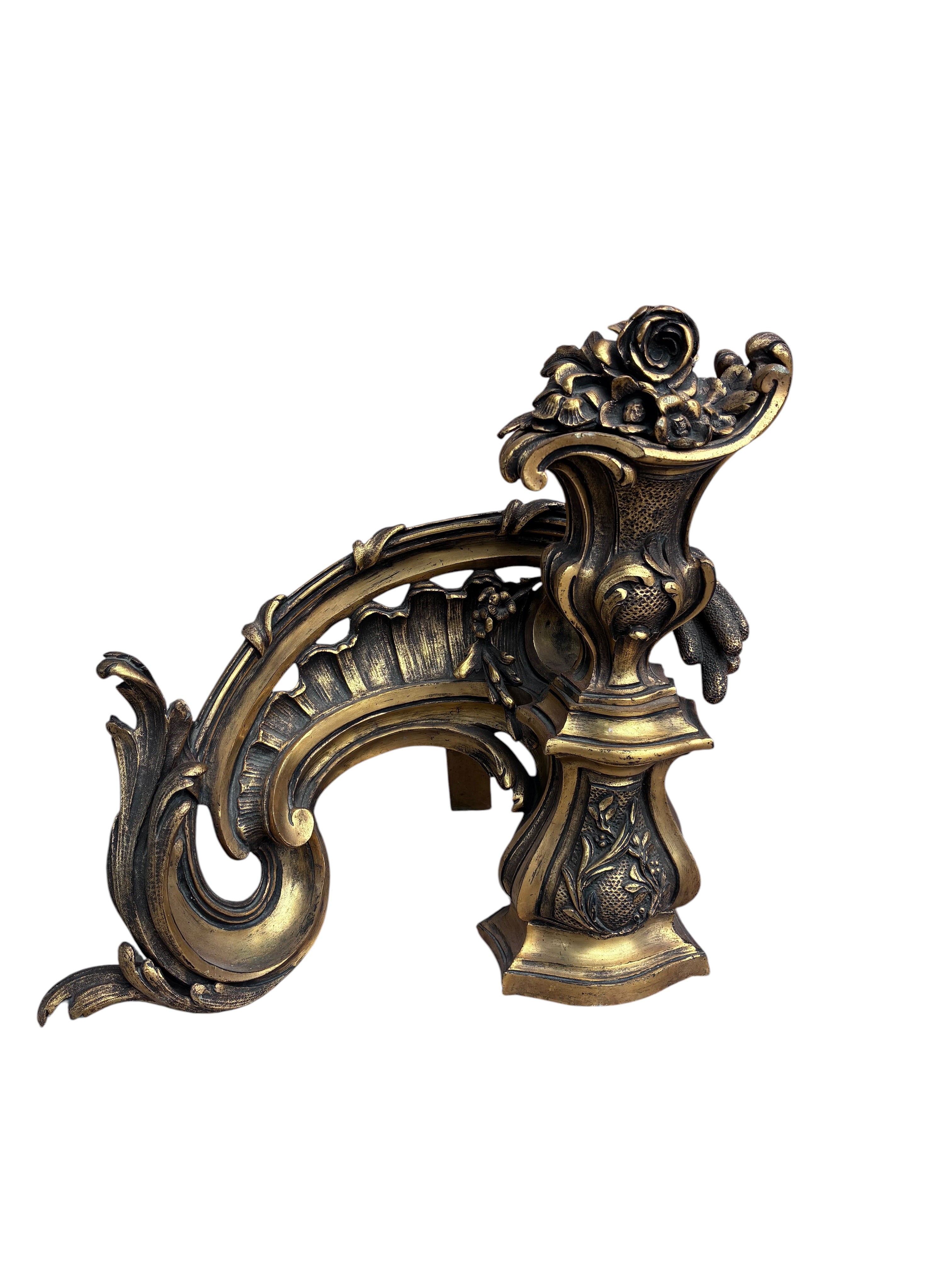 Antique French Rococo Revival Bronze Chenets Andirons – Pair
