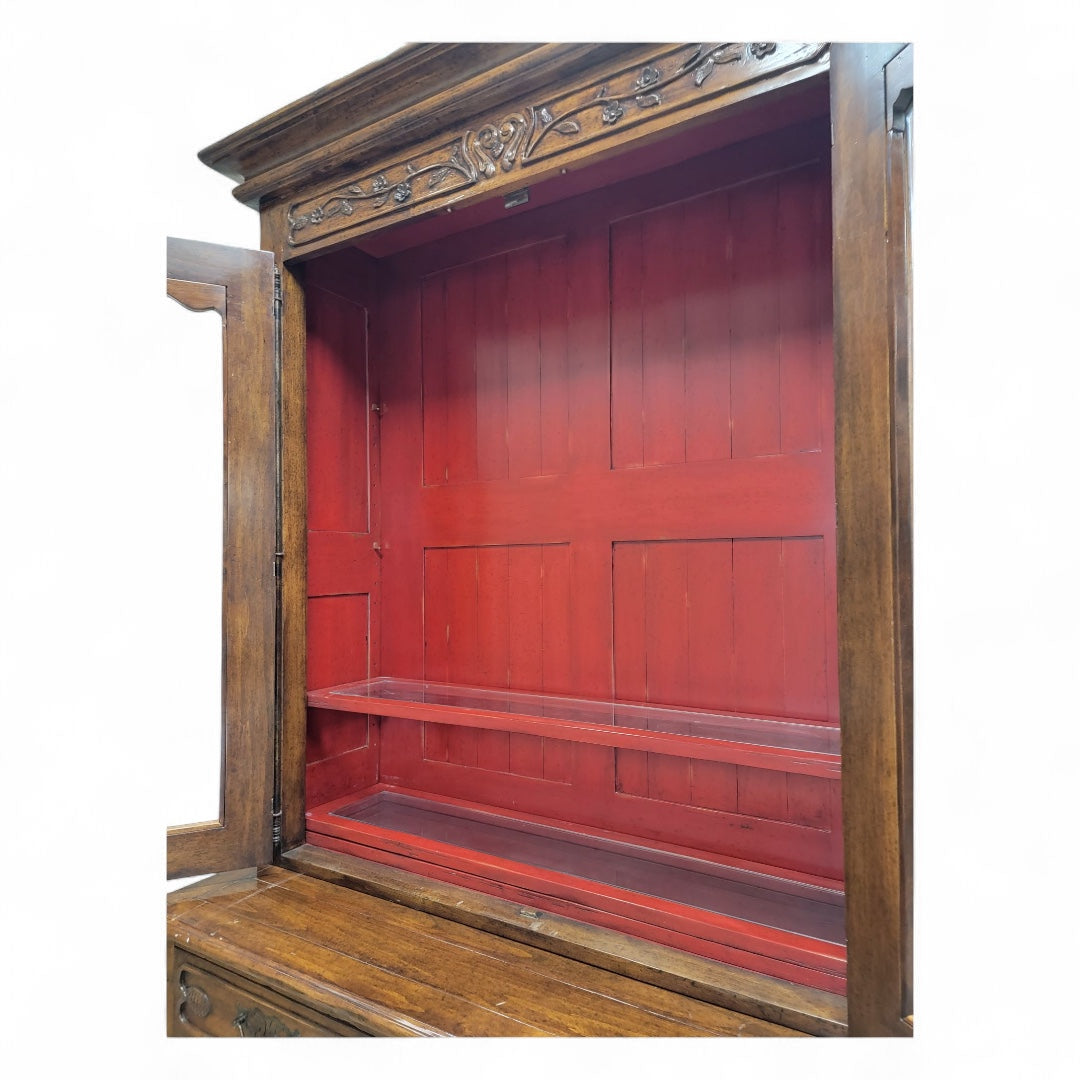 Antique French Provincial Carved Oak 2 Glass Door Display Storage Cabinet Buffet