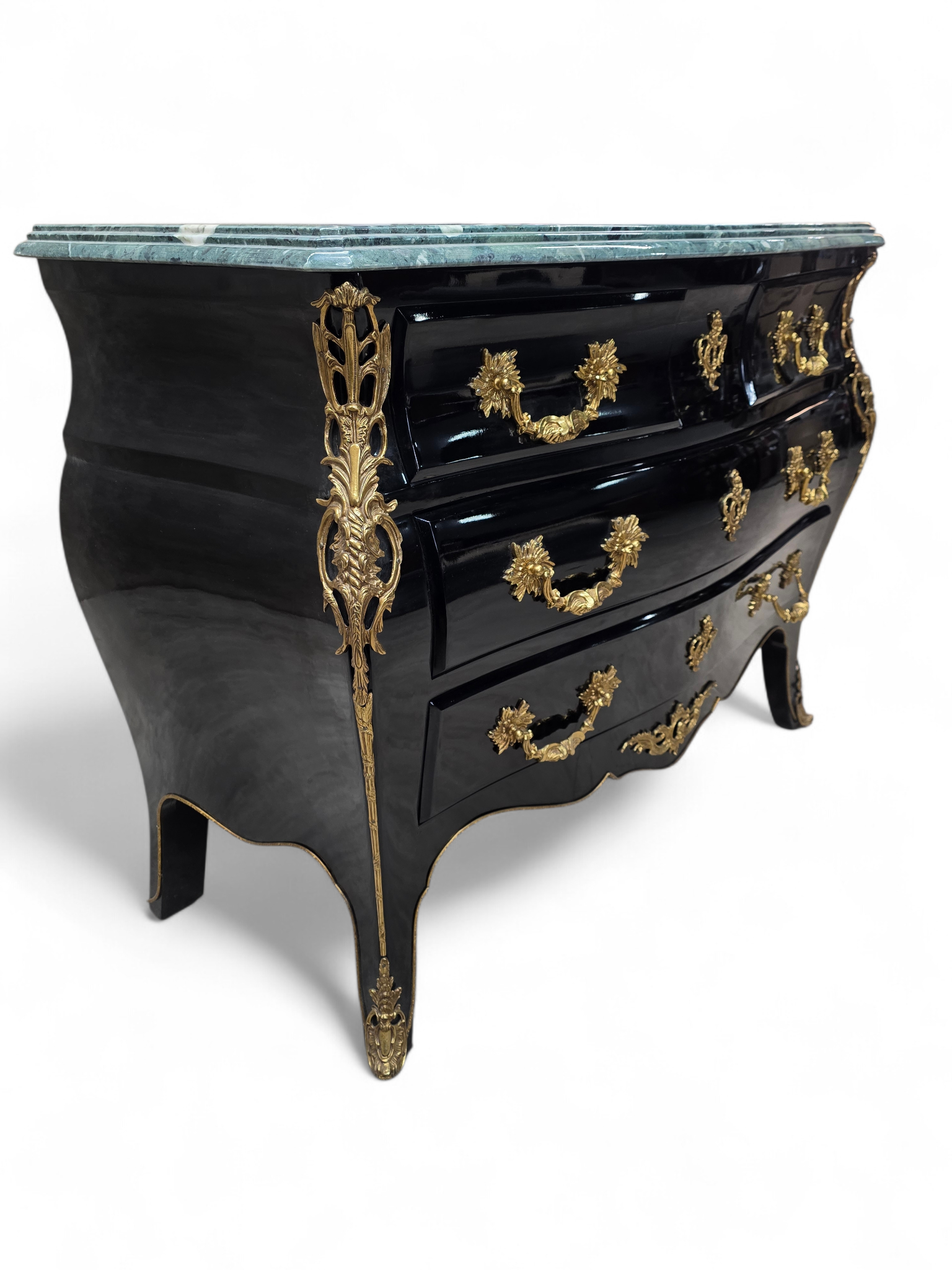 Vintage French Louis XV Style Black Lacquer Bombe Commode