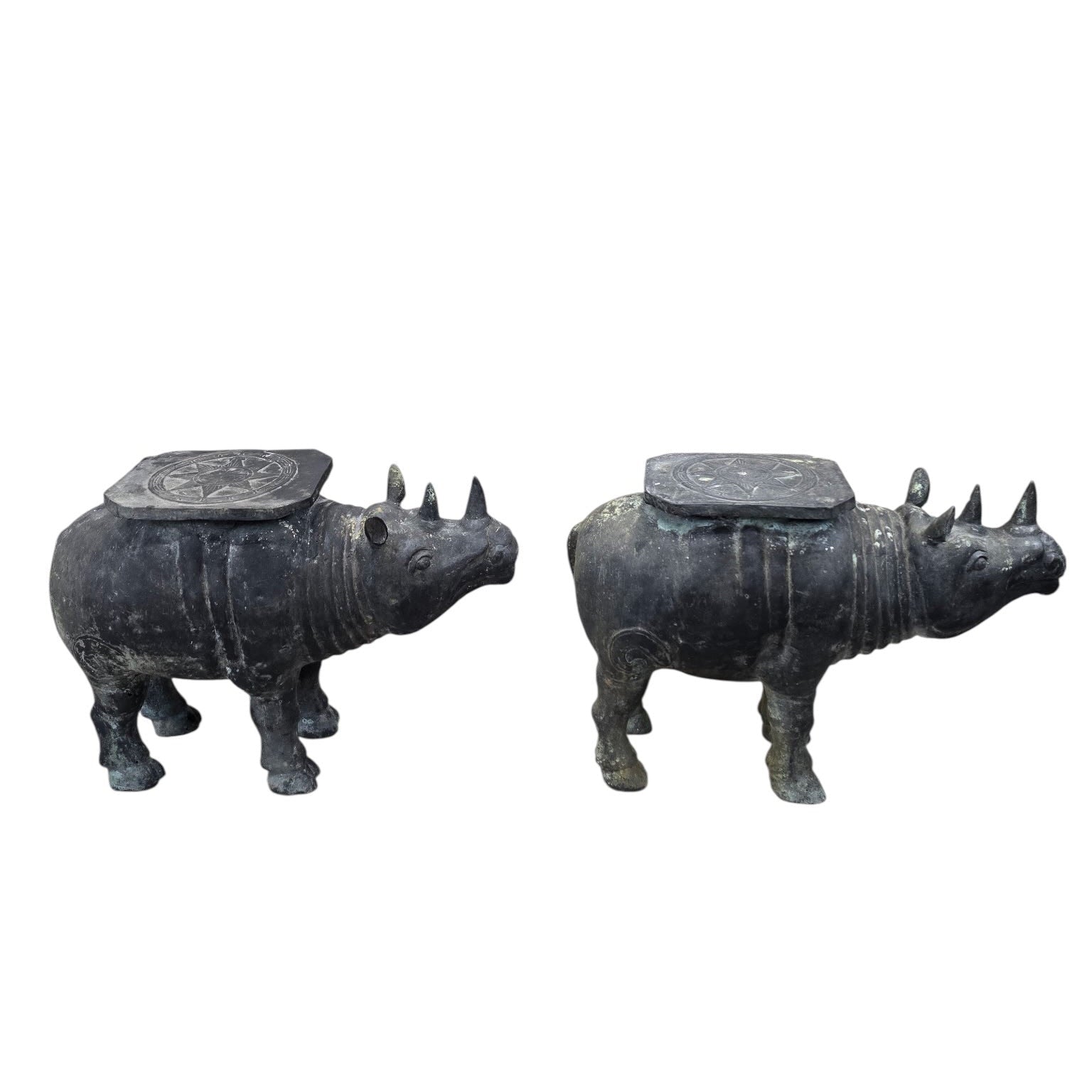 Antique Balinese Hammered Bronze Rhino Plant Stands / Cocktail Tables – Set of 2