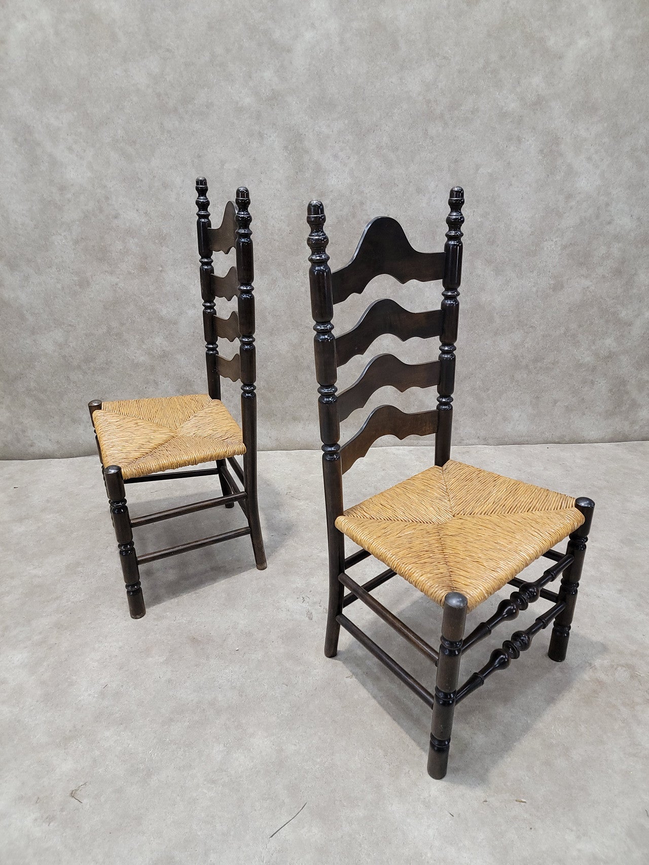 Vintage French Country Style Ladder Back Rush Seat Side Chairs - Pair