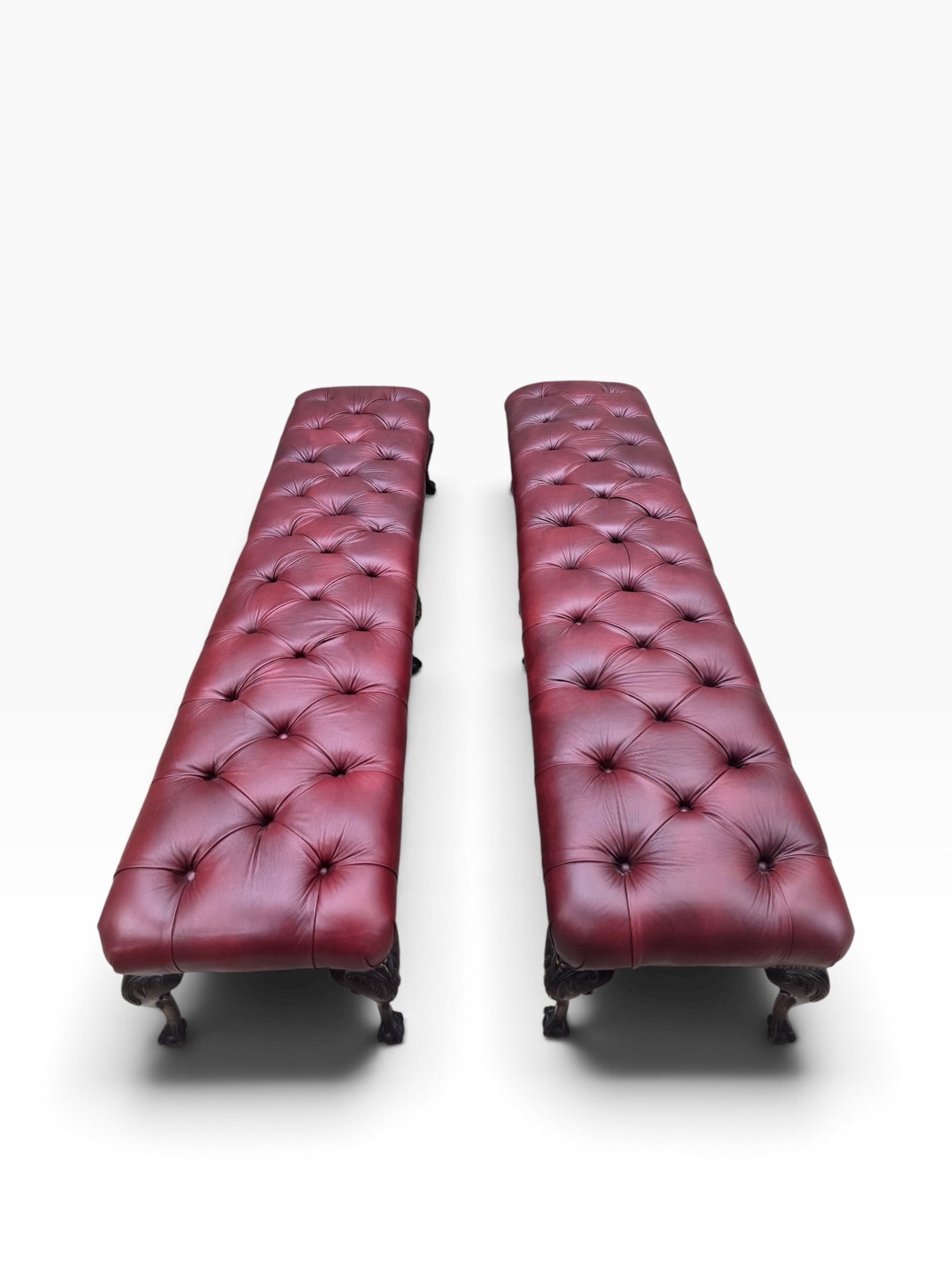 Chippendale Style Carved Mahogany Ball & Claw Six Leg Tufted Hall/Dining Bench Newly Reupholstered in Cabernet Leather - Pair