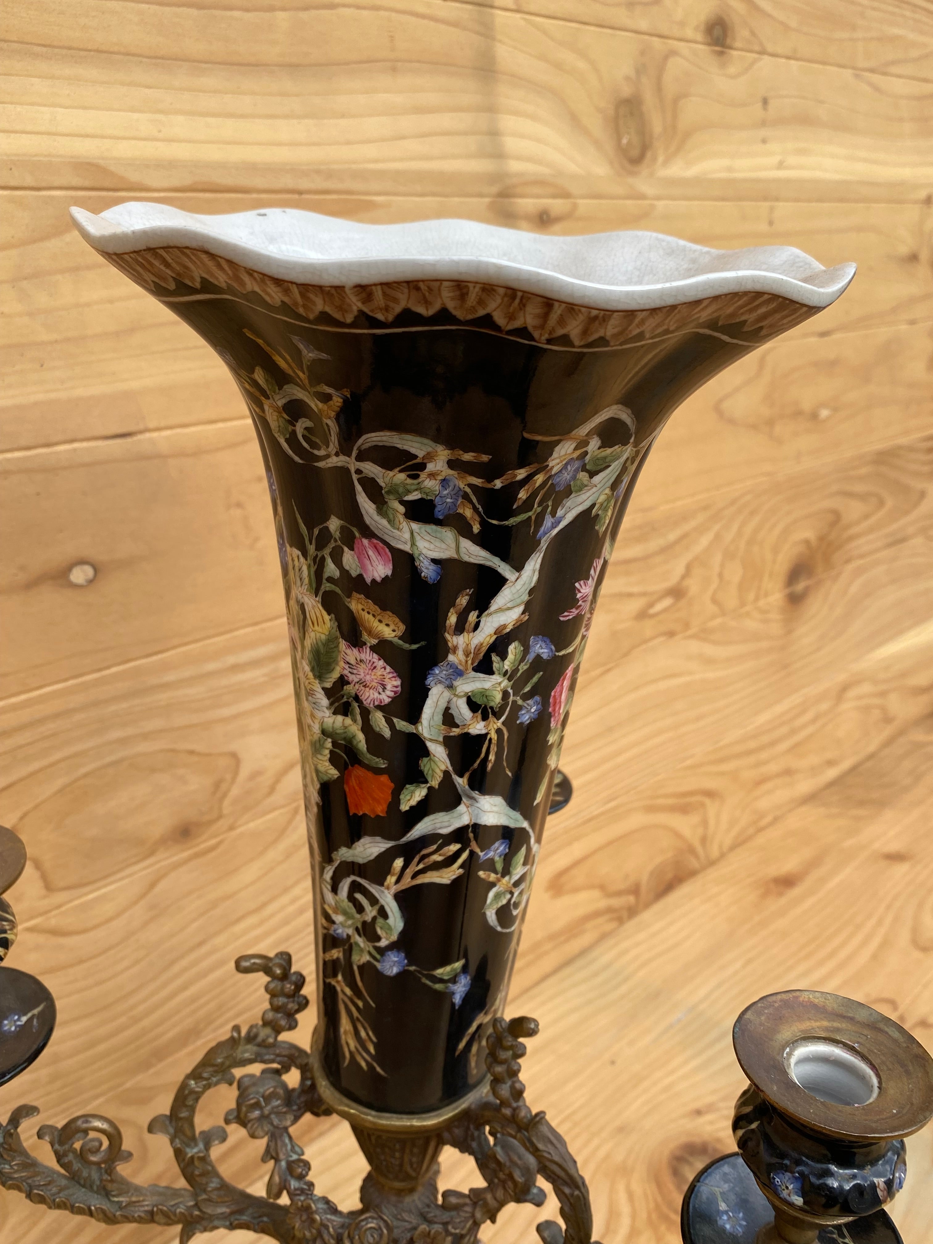 Antique French Porcelain Flower Vase w/ Brass Candelabra
