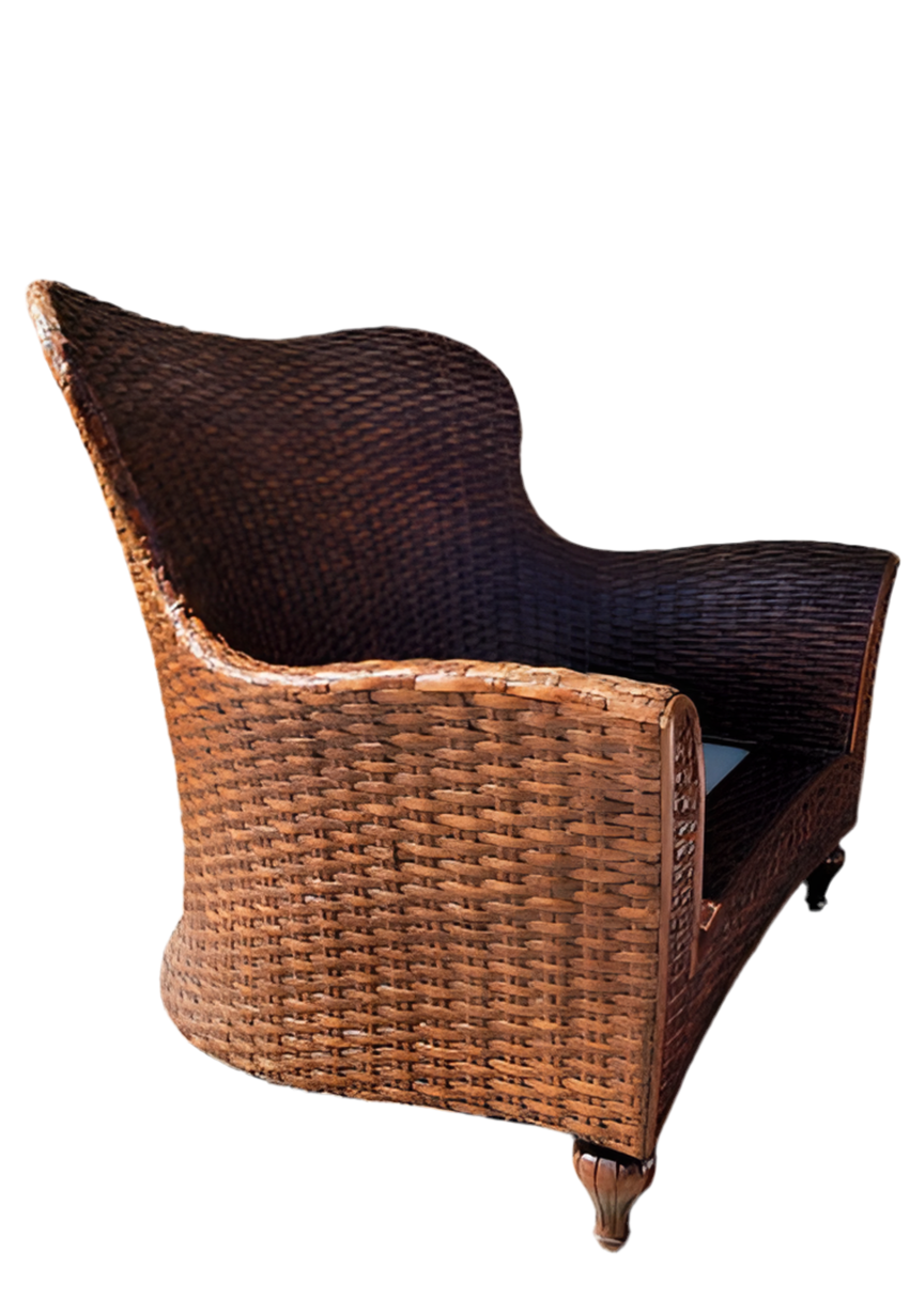 Vintage Arched Camel Back Flare Arm Wicker Lounge Settee Newly Upholstered Pillow in Boucle