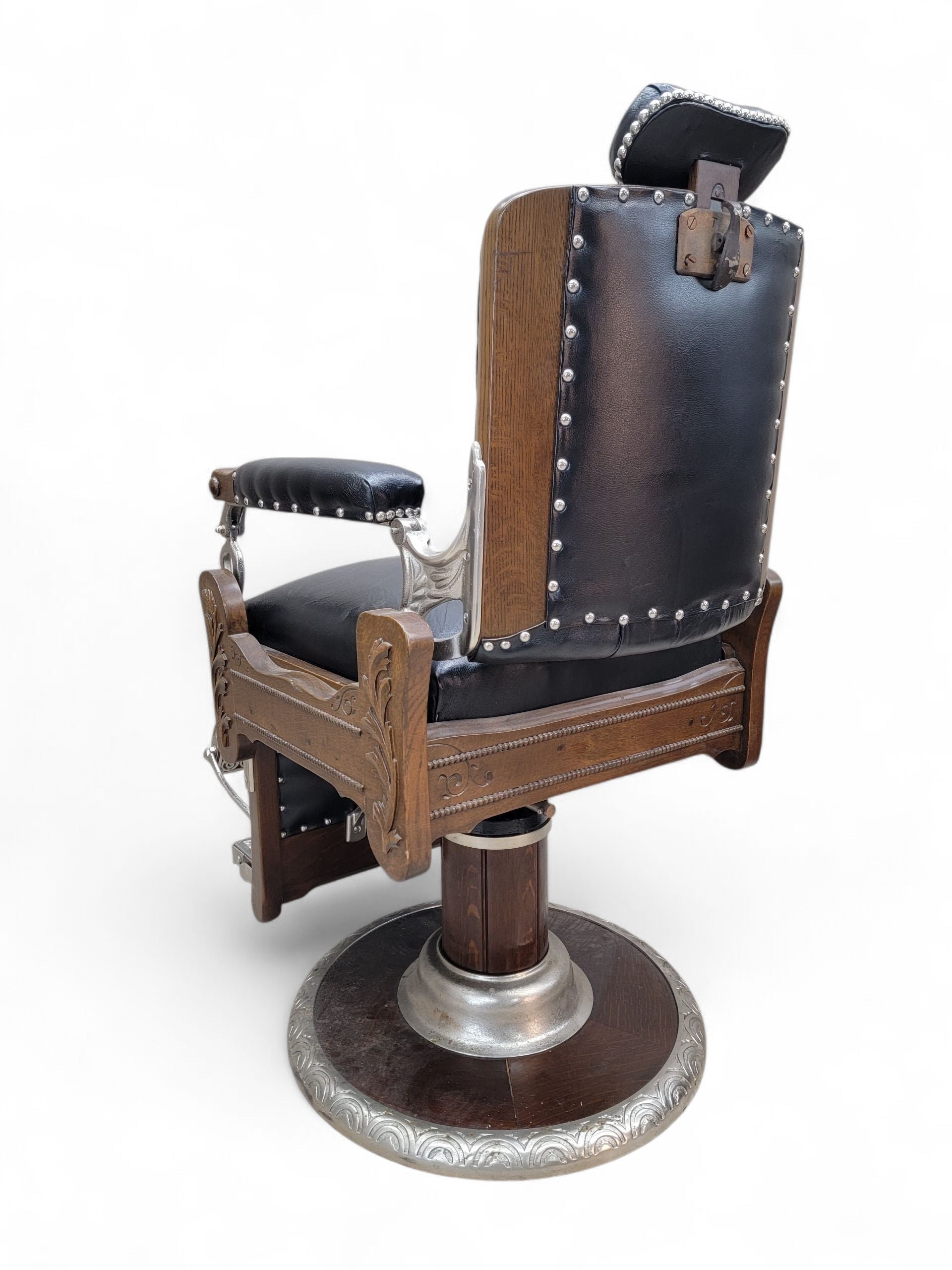 Antique Koken Restored Quartersawn Oak Barber Chairs in Black Leather – Set of 3