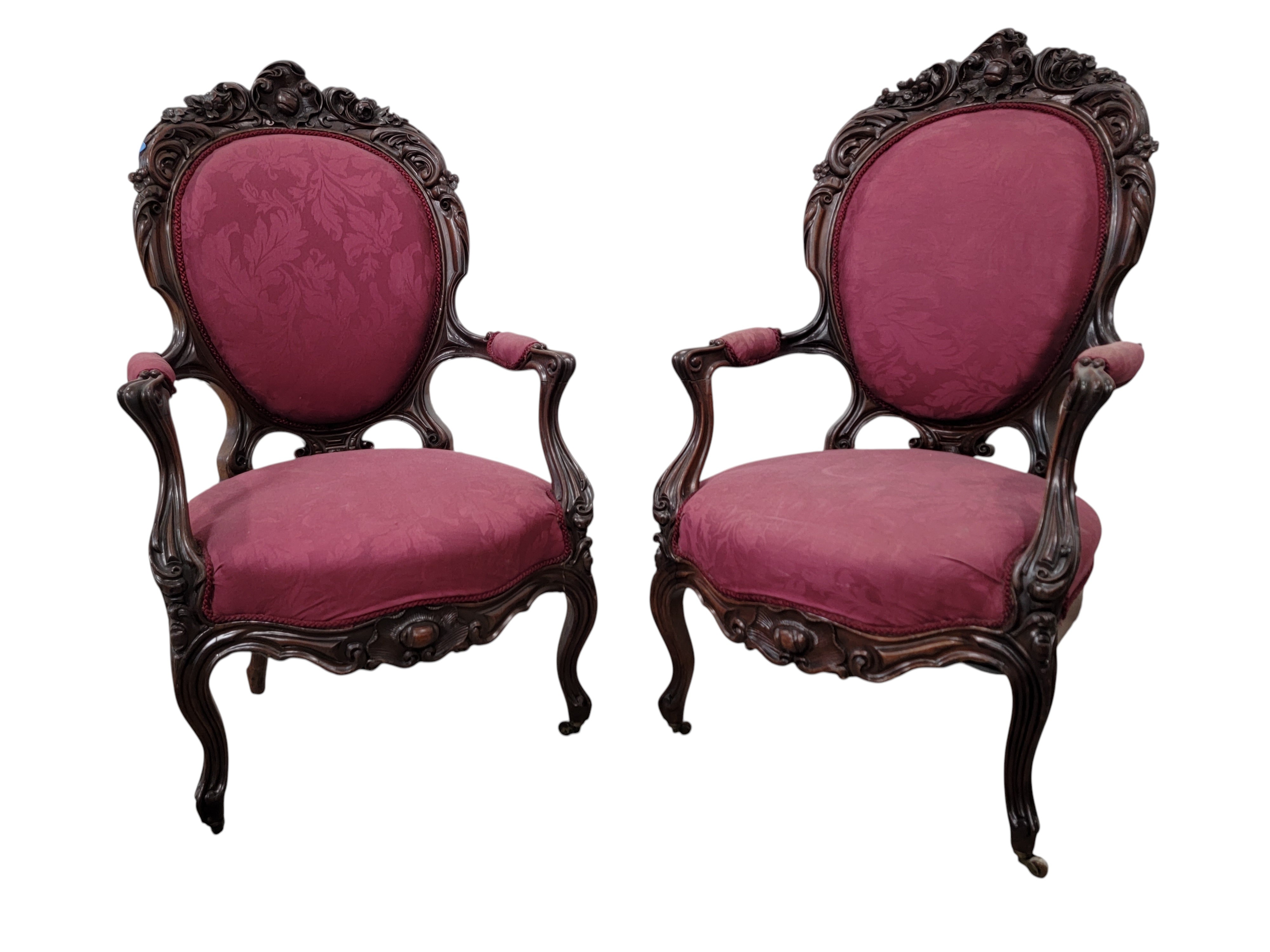 Antique French Napoleon III Carved Walnut Medallion Back Parlor Chairs – Pair
