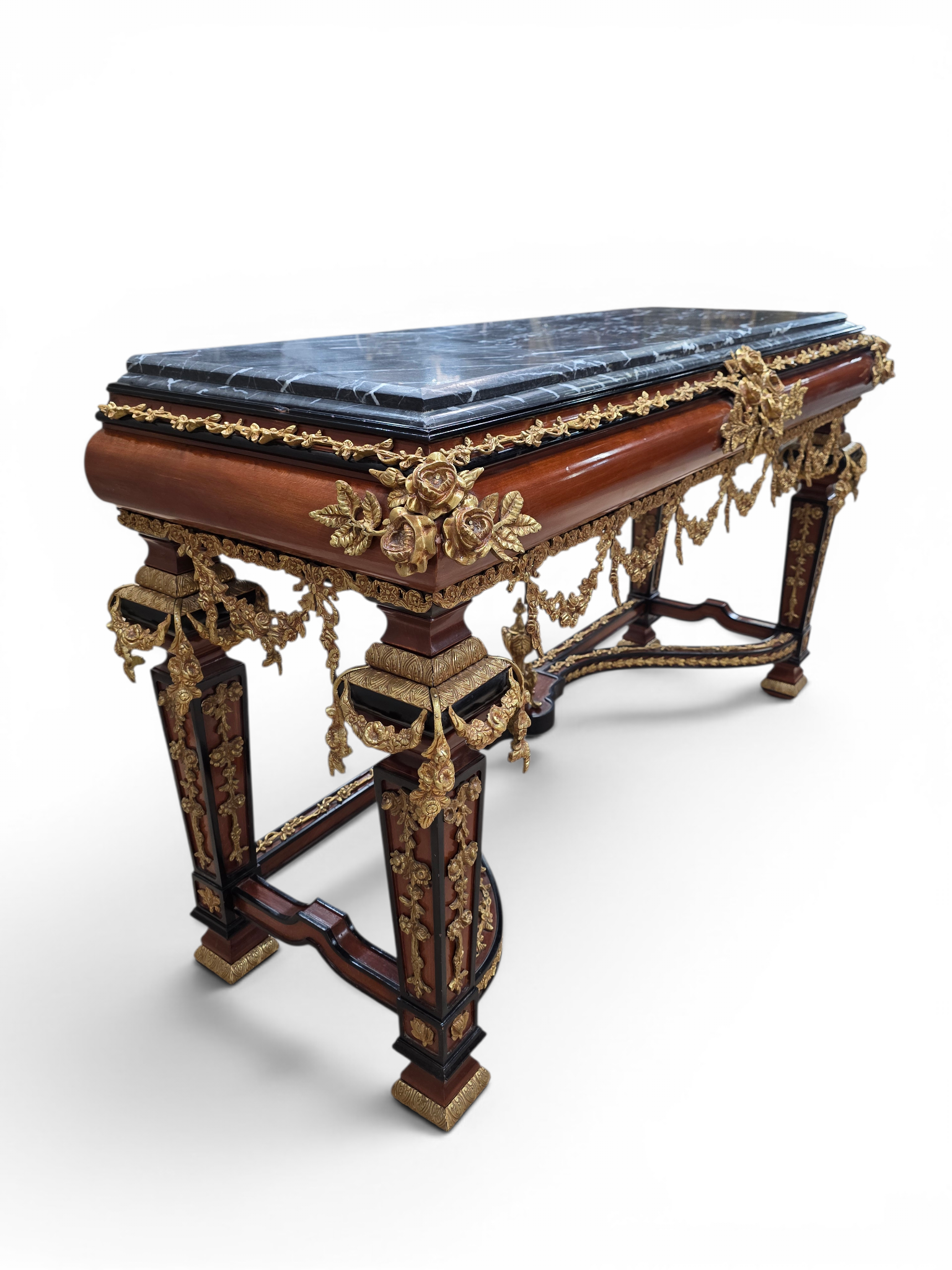 New - Antique French Louis XVI Napoleon III Style Mahogany, Gilt Bronze & Black Marble Console Table with Matching Mirror