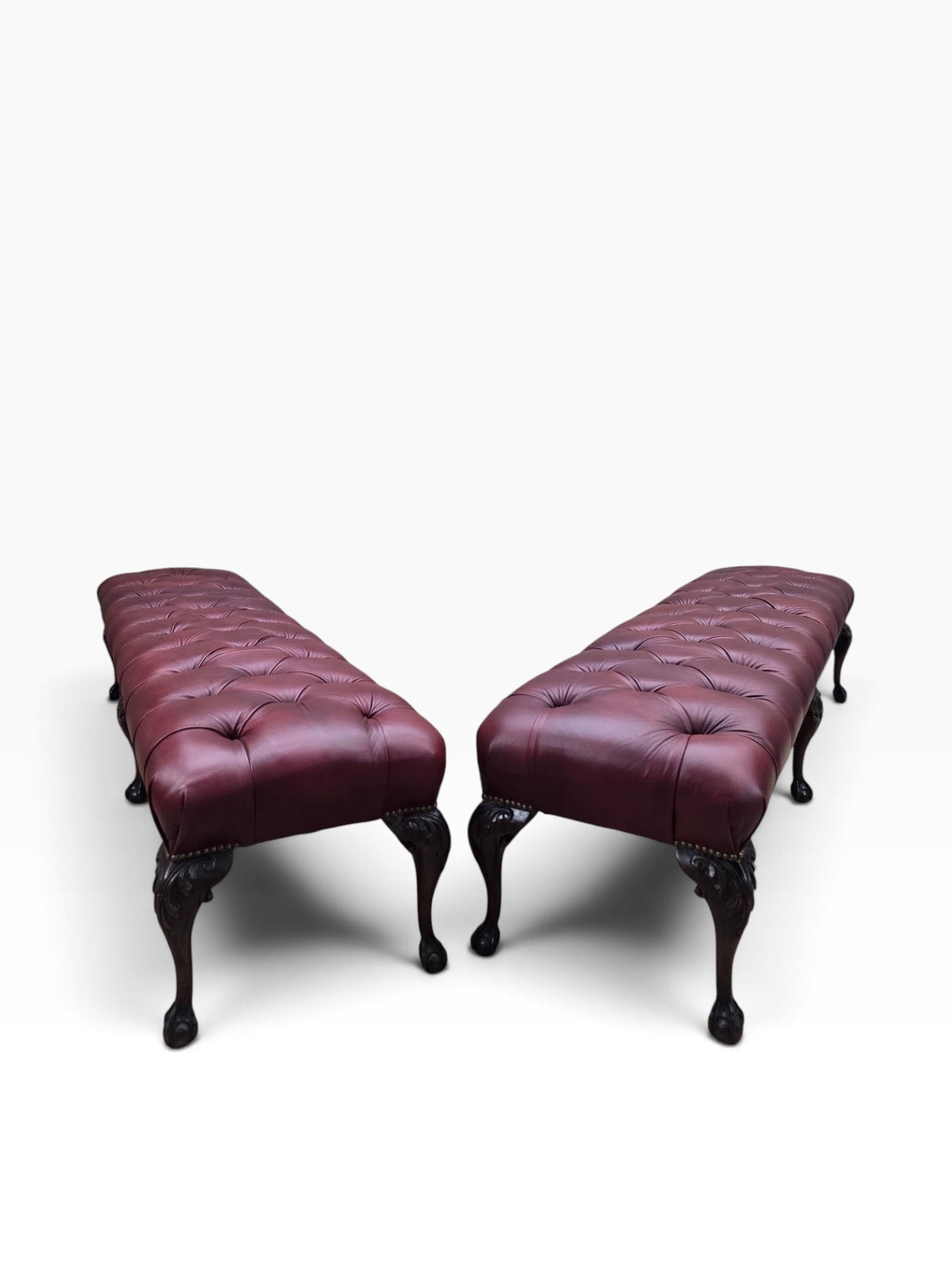 Chippendale Style Carved Mahogany Ball & Claw Six Leg Tufted Hall/Dining Bench Newly Reupholstered in Cabernet Leather - Pair