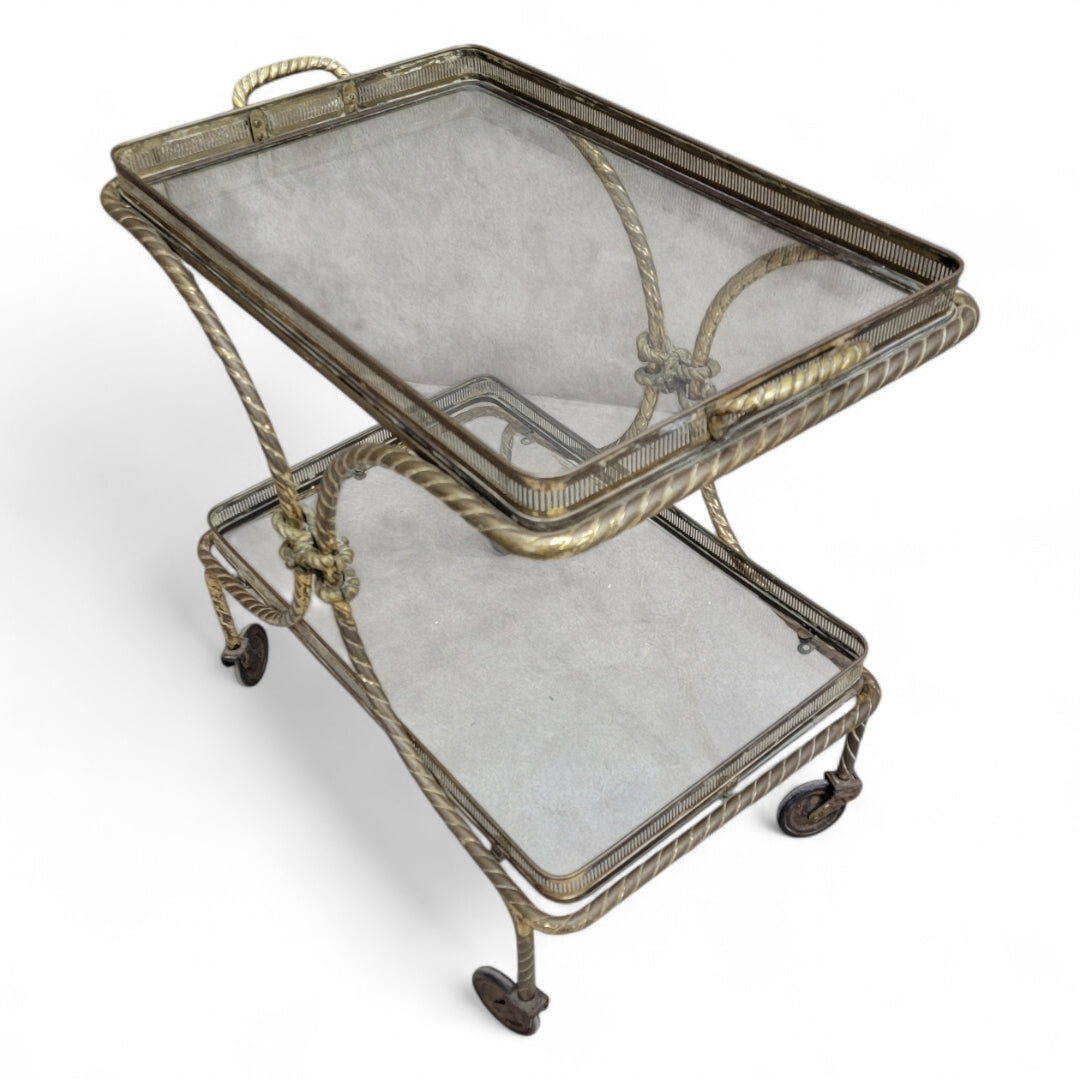 Mid Century French Bagues Style Brass Rope Bar Cart on Wheels with Removable Tray