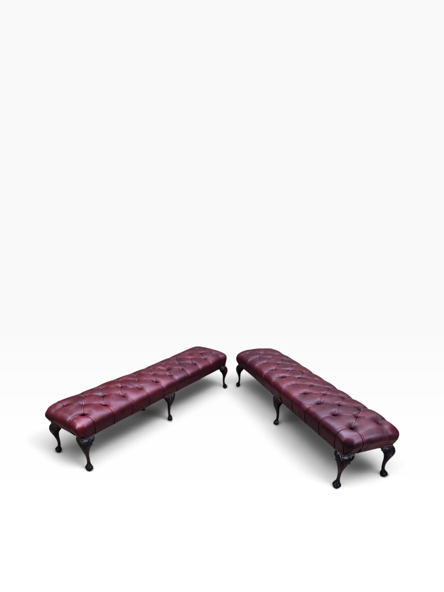Chippendale Style Carved Mahogany Ball & Claw Six Leg Tufted Hall/Dining Bench Newly Reupholstered in Cabernet Leather - Pair