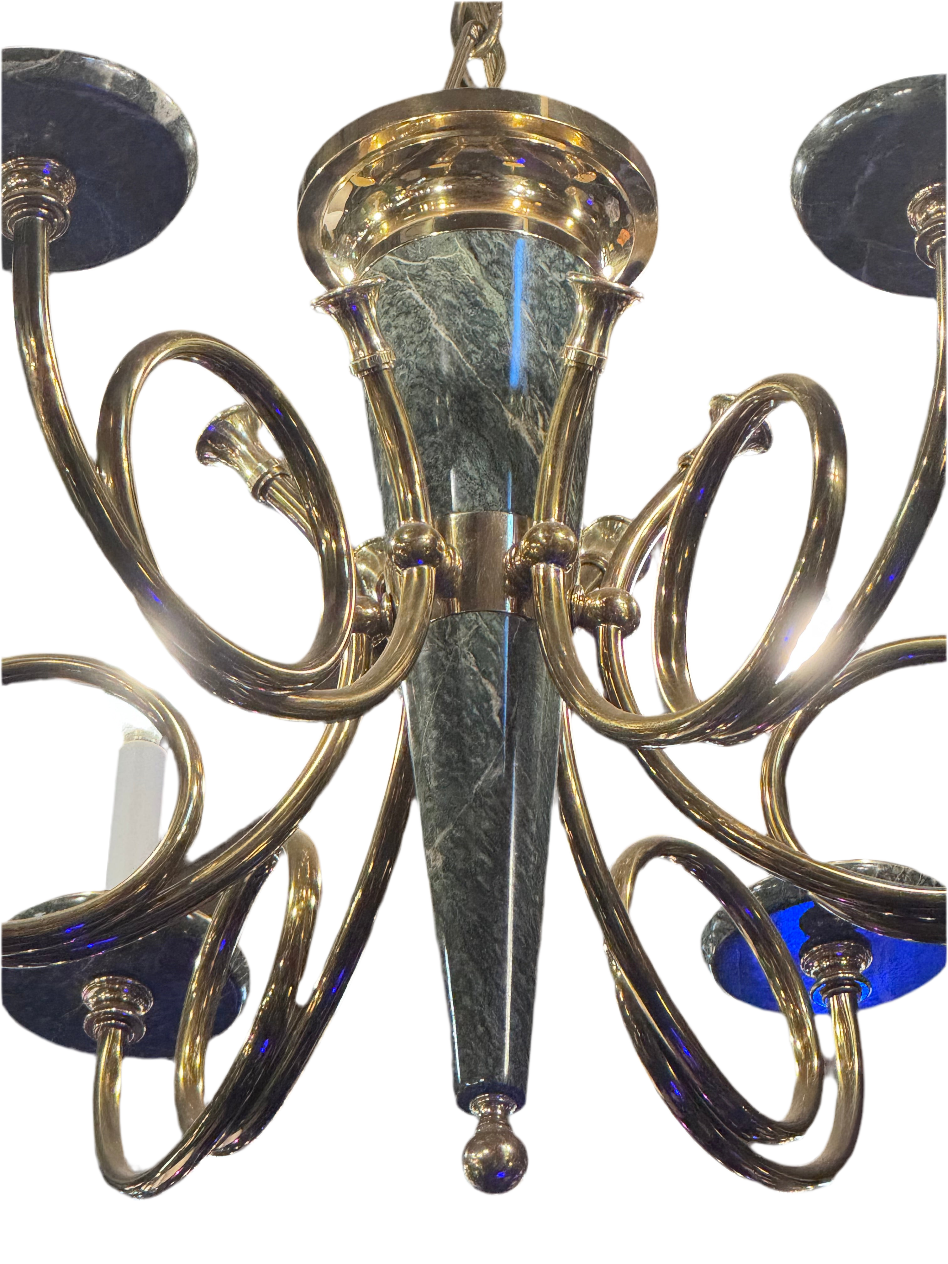 New - Vintage Brass 6 Light Brass and Green Marble French Horn Chandelier