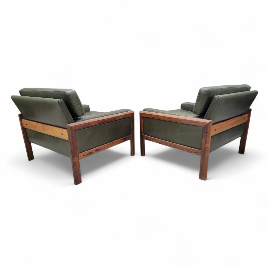New - Mid Century Danish Modern Vatne Mobler Teak Frame Sofa & Club Chairs Newly Upholstered in Italian Hunter Green Leather