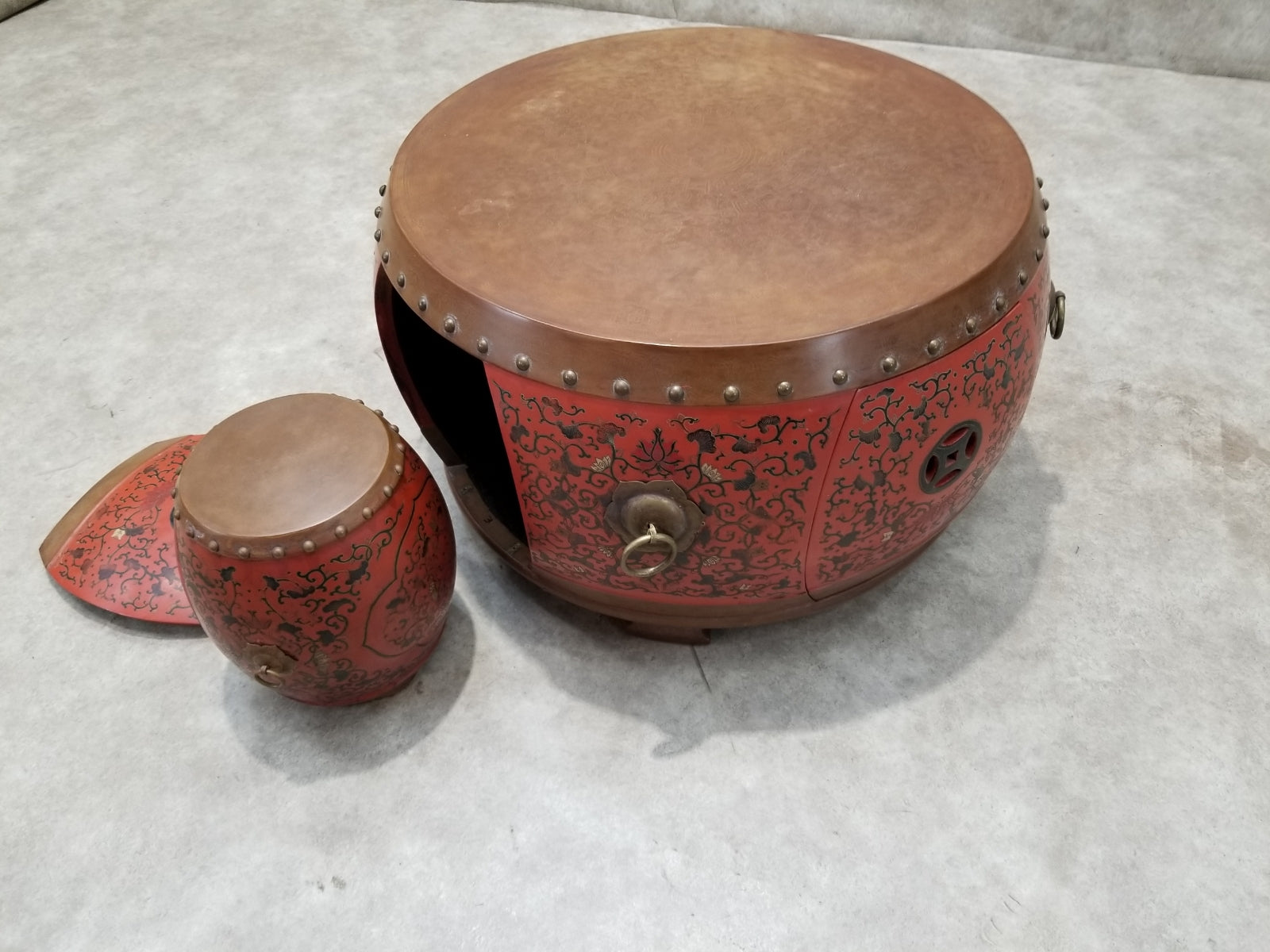 Vintage Asian Style Red Coromandel Drum Coffee/Side Table - Set of 5